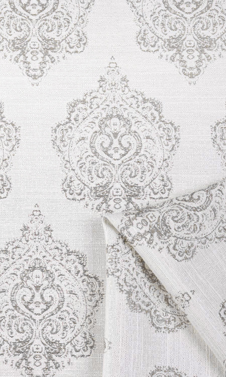 Damask Poly-Cotton Fabric By the Yard for Curtains & Drapes (Off White/ Gray)