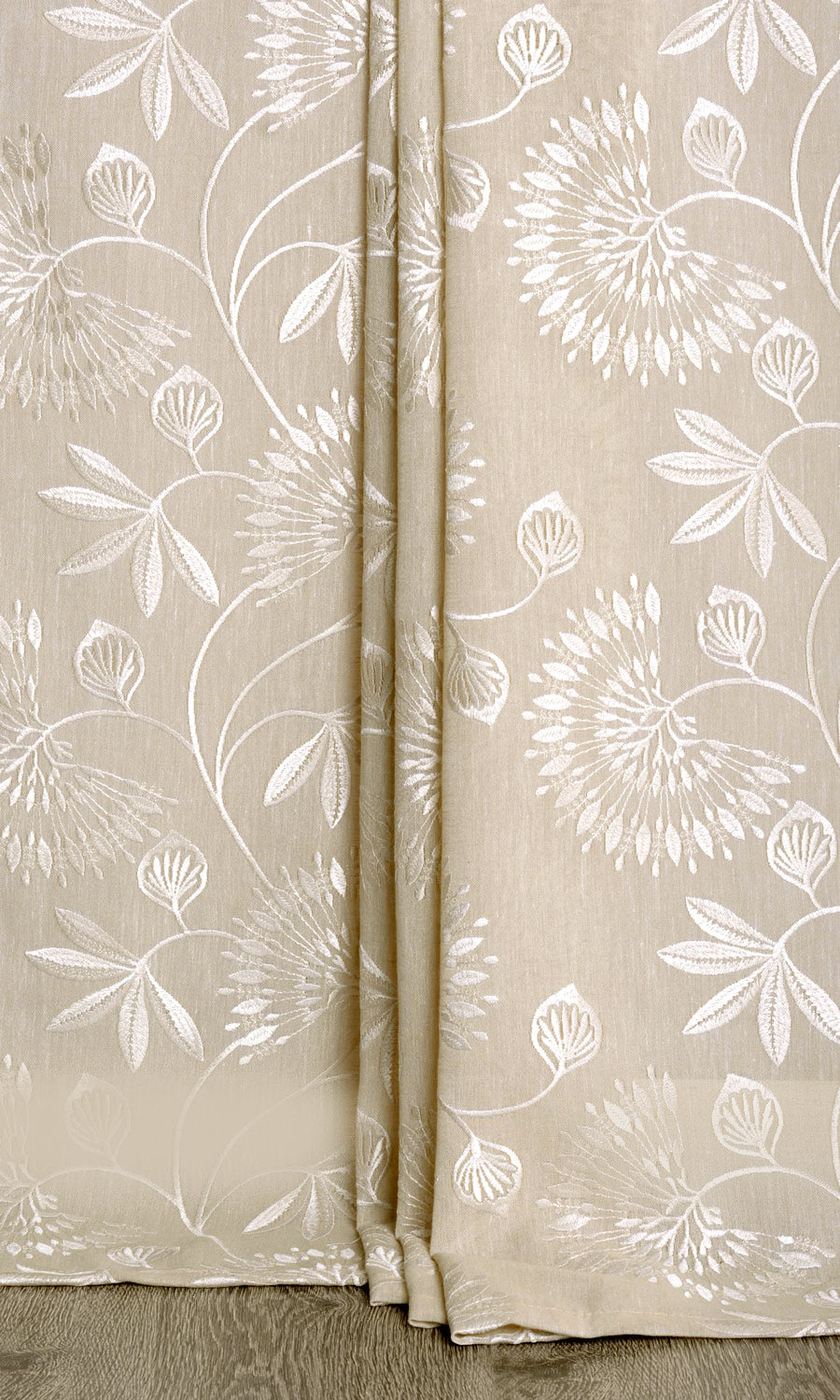 Floral Semi Sheer Window Treatments Fabric By the Yard (Wheat Beige/ White)