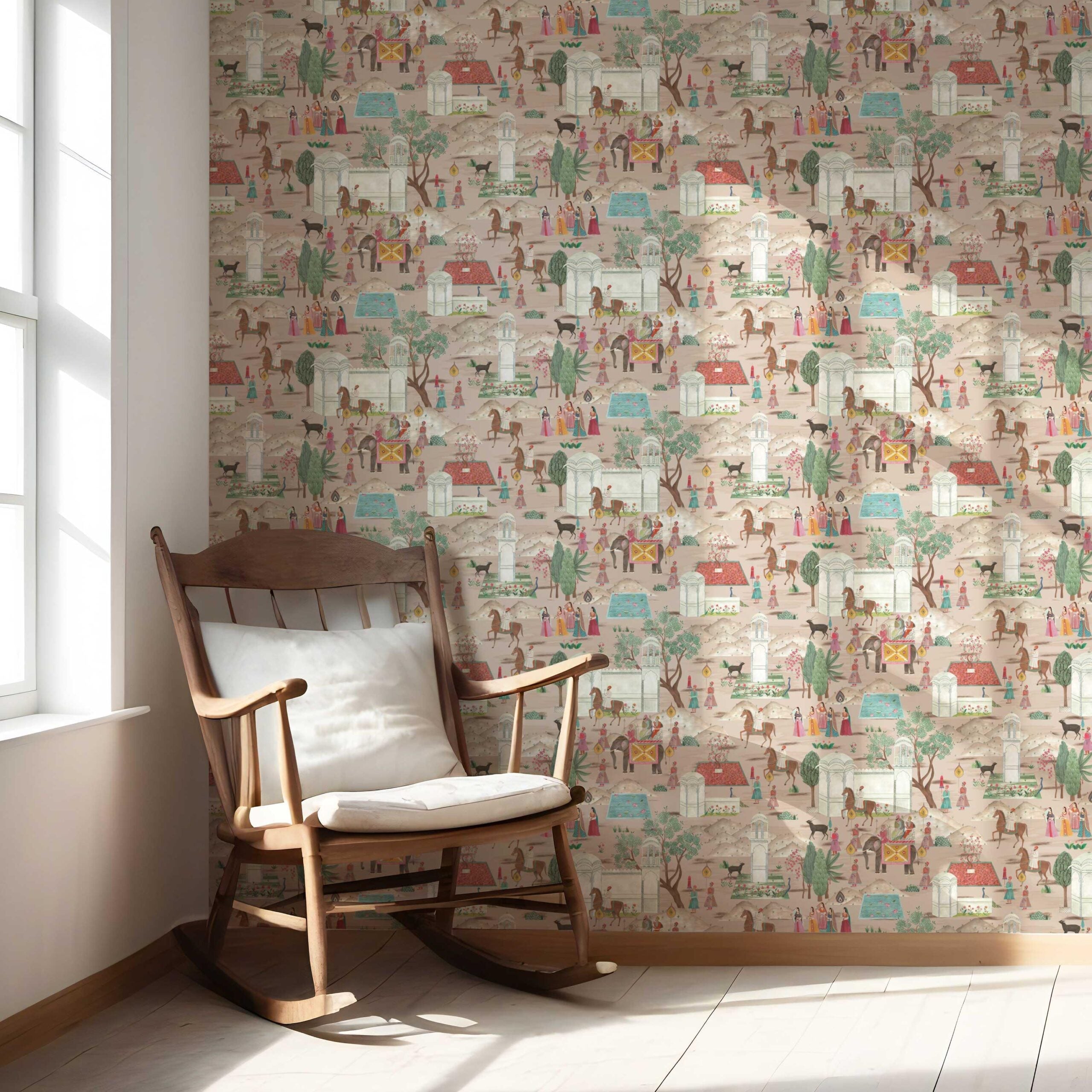 Ethnic/ Heritage/ Horses & Castles Print Nursery Wallpaper Sample (Pink/ Green/ Red/ Blue)