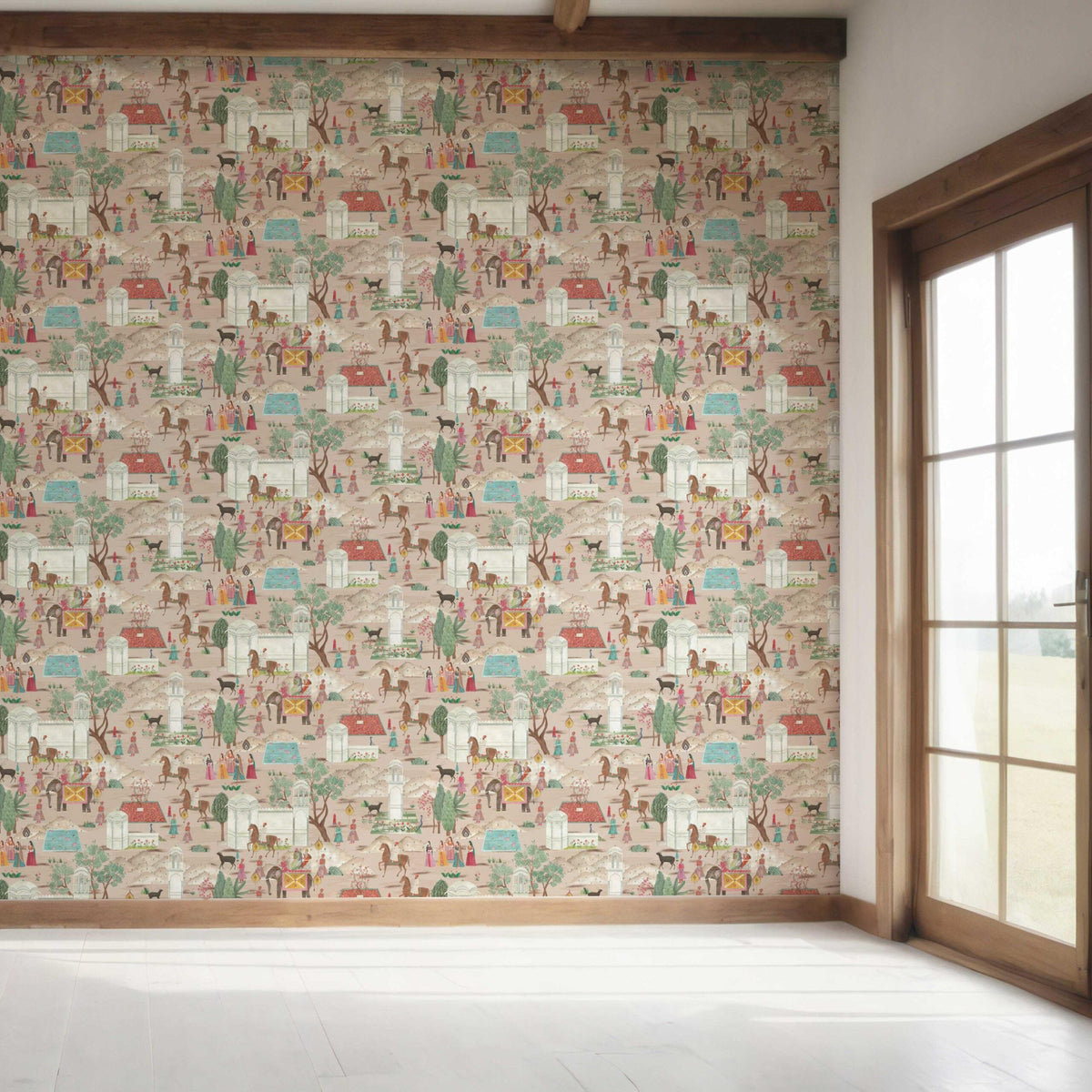 Ethnic/ Heritage/ Horses & Castles Print Bedroom Wallpaper (Pink/ Green/ Red/ Blue)