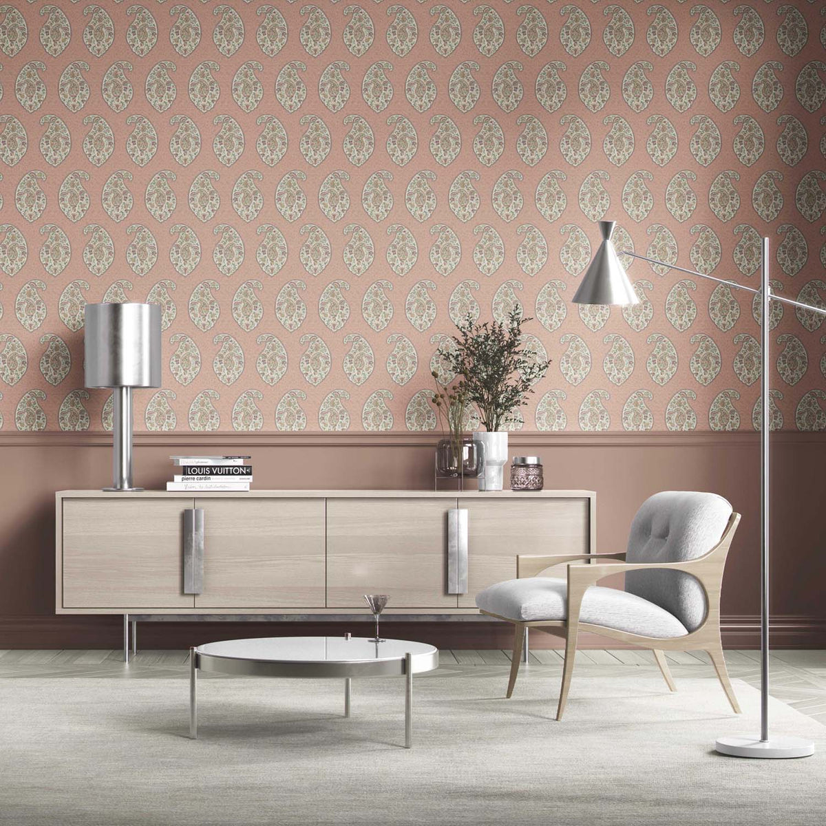 Paisley Floral Print Kitchen Wallpaper (Peach/ Pink/ Green)