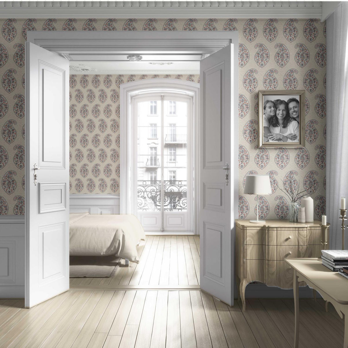 Paisley Floral Print Living Room Wallpaper Sample (Red/ Blue/ Beige)