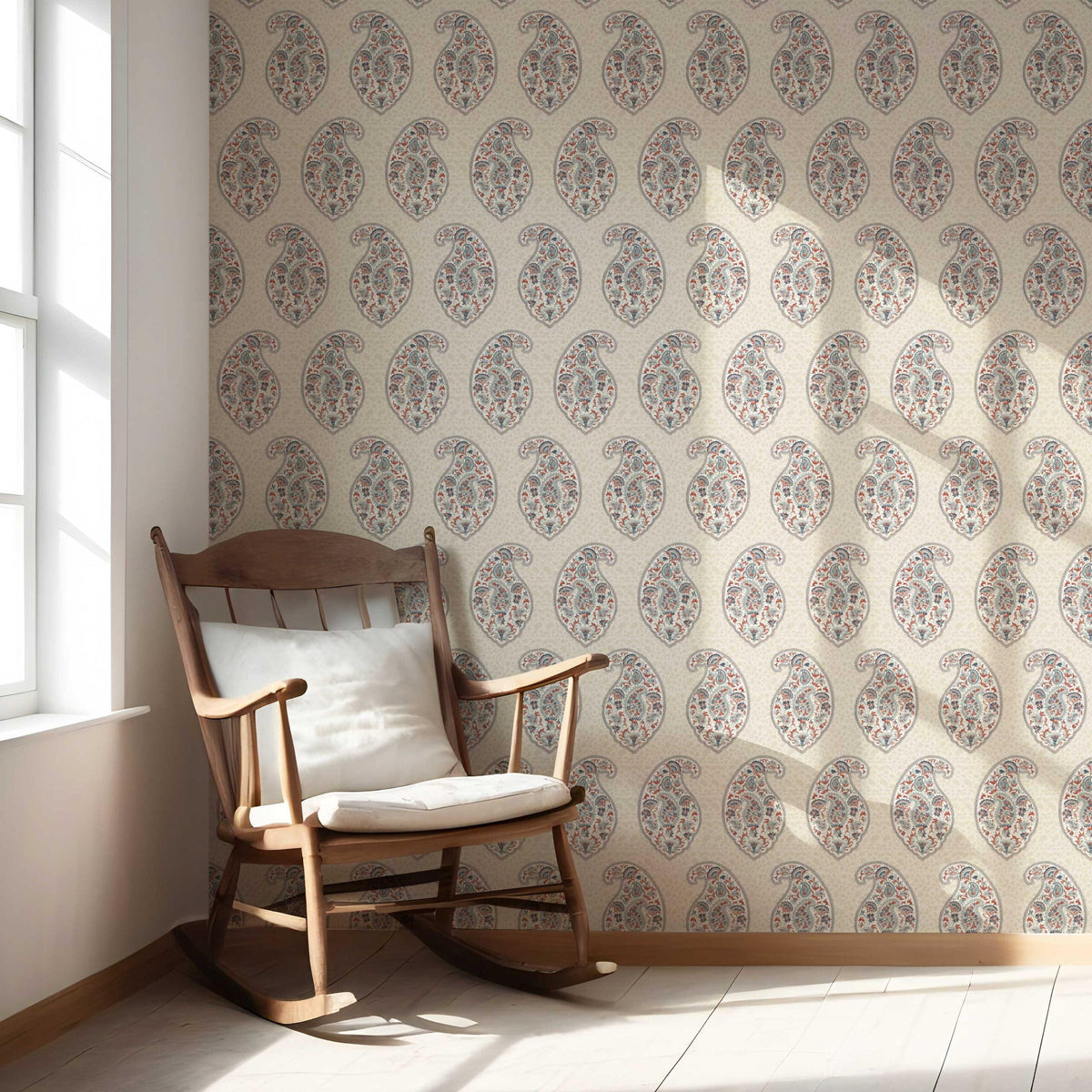 Paisley Floral Print Nursery Wallpaper (Red/ Blue/ Beige)