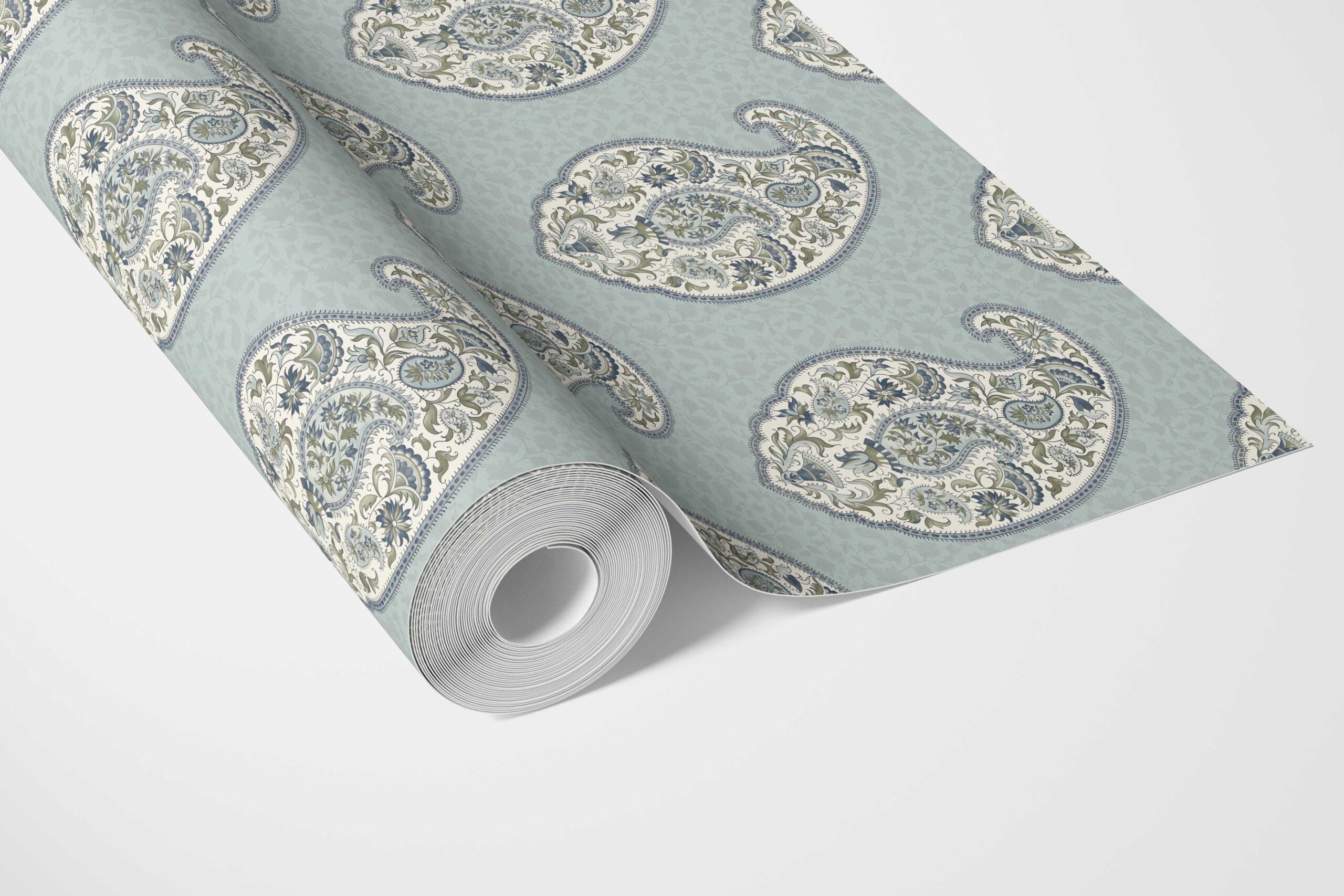 Paisley Floral Print Bathroom Wallpaper Sample (Blue/ Green/ Gray)