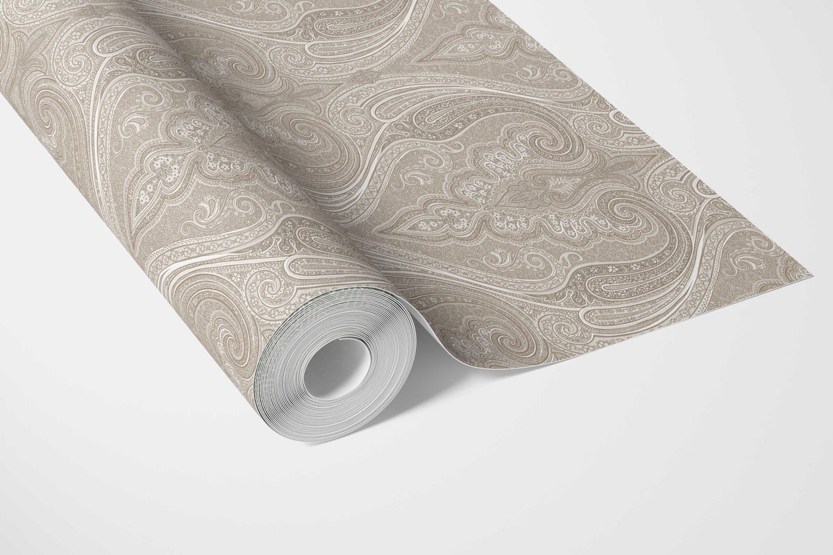 Neutral Paisley Floral/ Damask Patterned Bathroom Wallpaper Sample (Brown/ Beige)