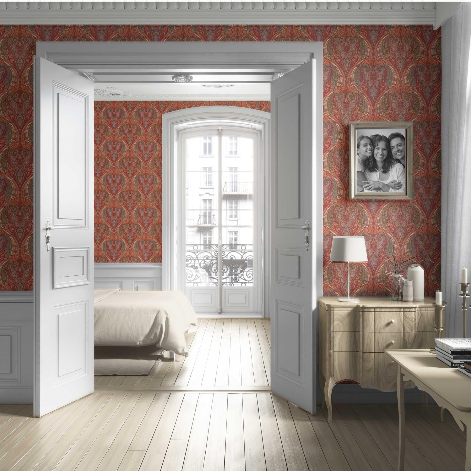 Paisley Floral/ Damask Patterned Living Room Wallpaper Sample (Red/ Orange/ Green/ Yellow)