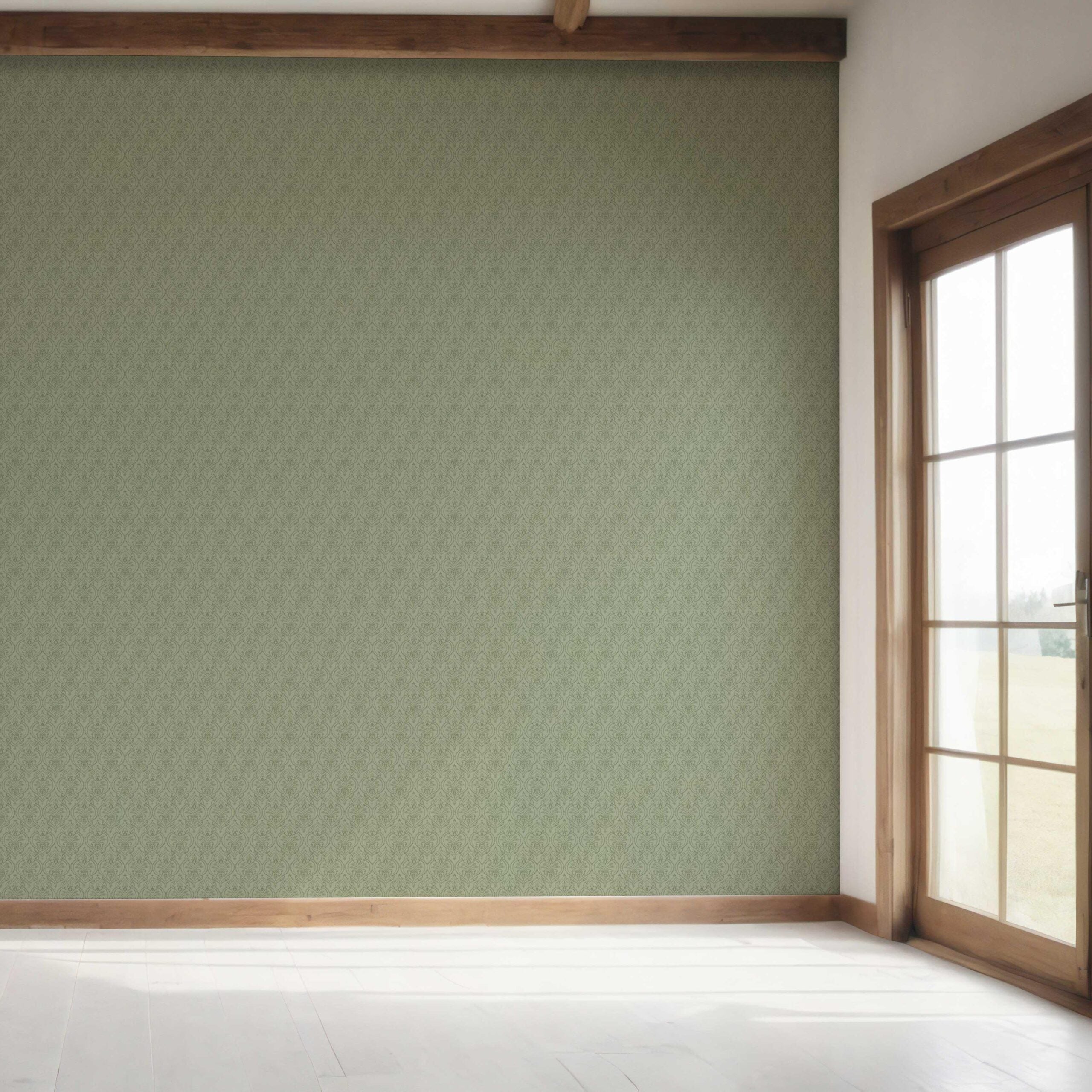 Self-Patterned Damask Floral Bedroom Wallpaper Sample (Olive Green)