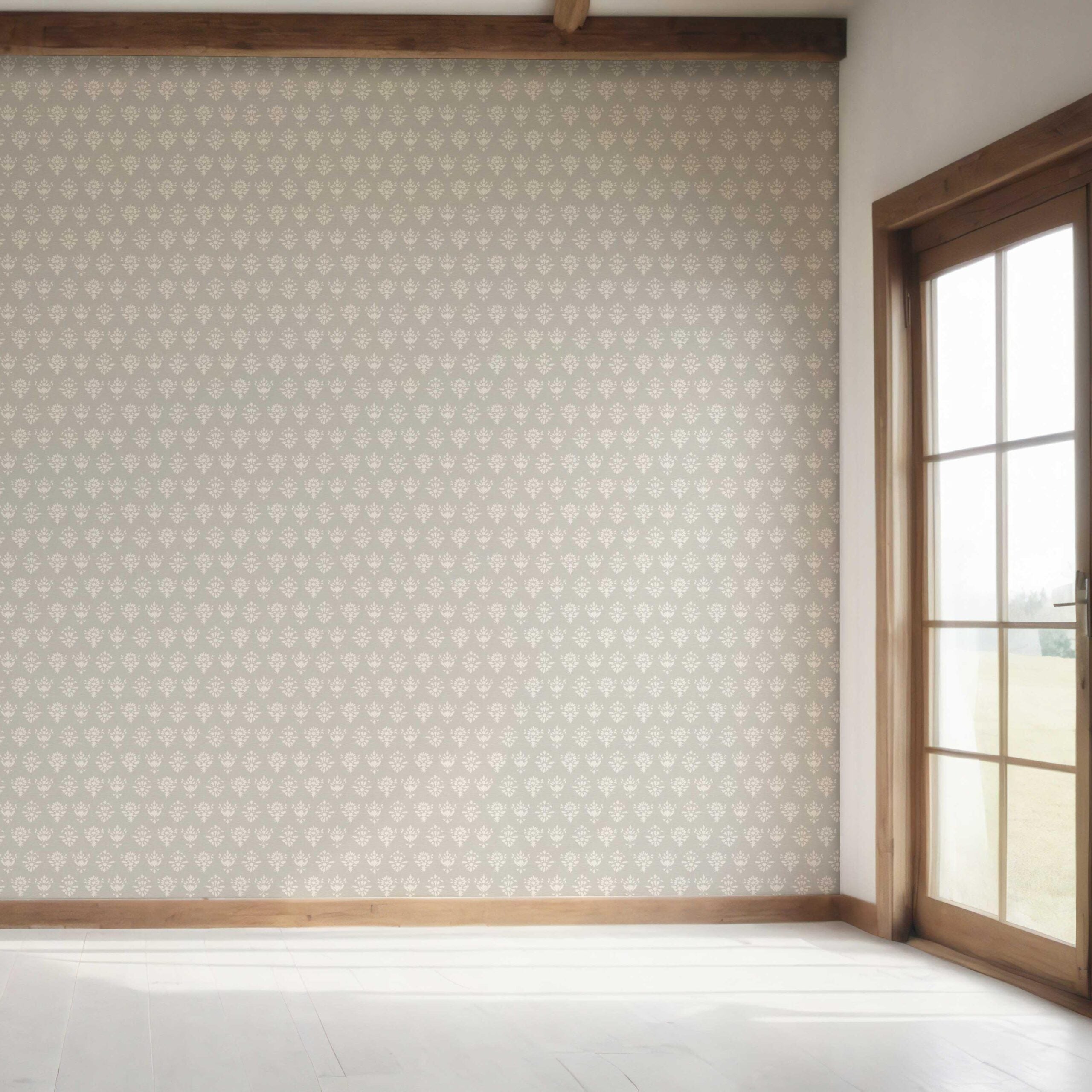 Neutral Floral Block Print Bedroom Wallpaper Sample (Warm Gray/ Beige/ Taupe/ Off-White)