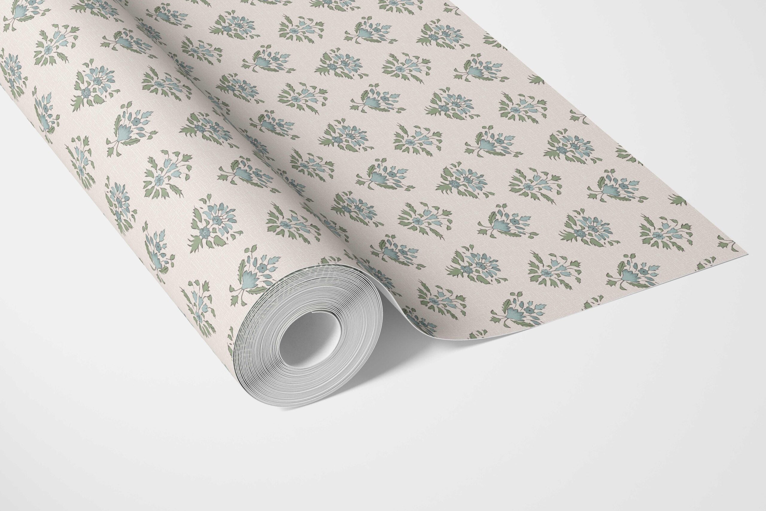Floral Block Print Kitchen Wallpaper Sample (Green/ Pale Blue)