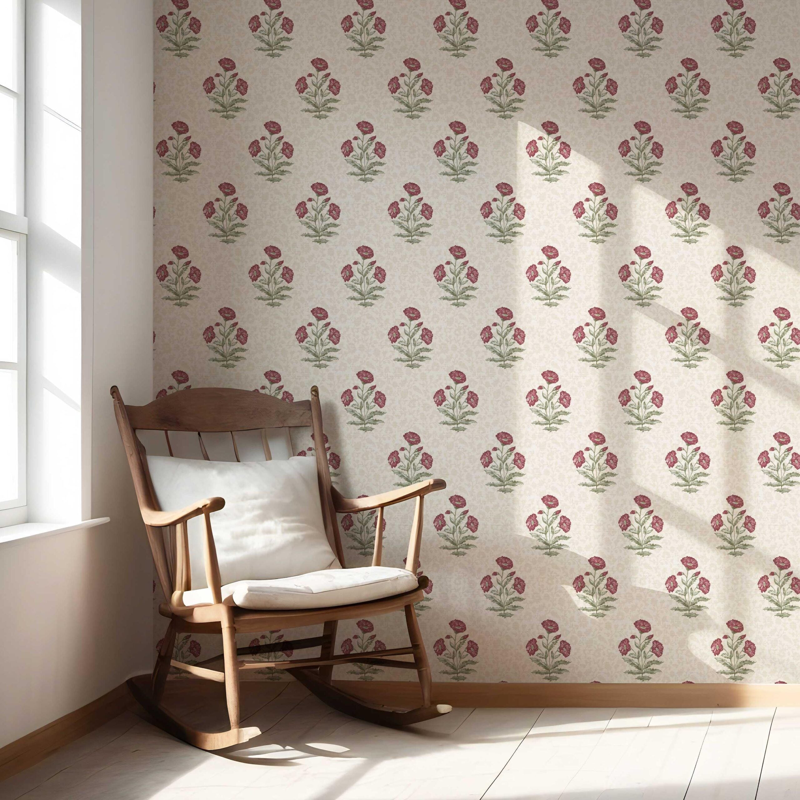 Floral Block Print Nursery Wallpaper Sample (Berry Red/ Maroon/ Green)