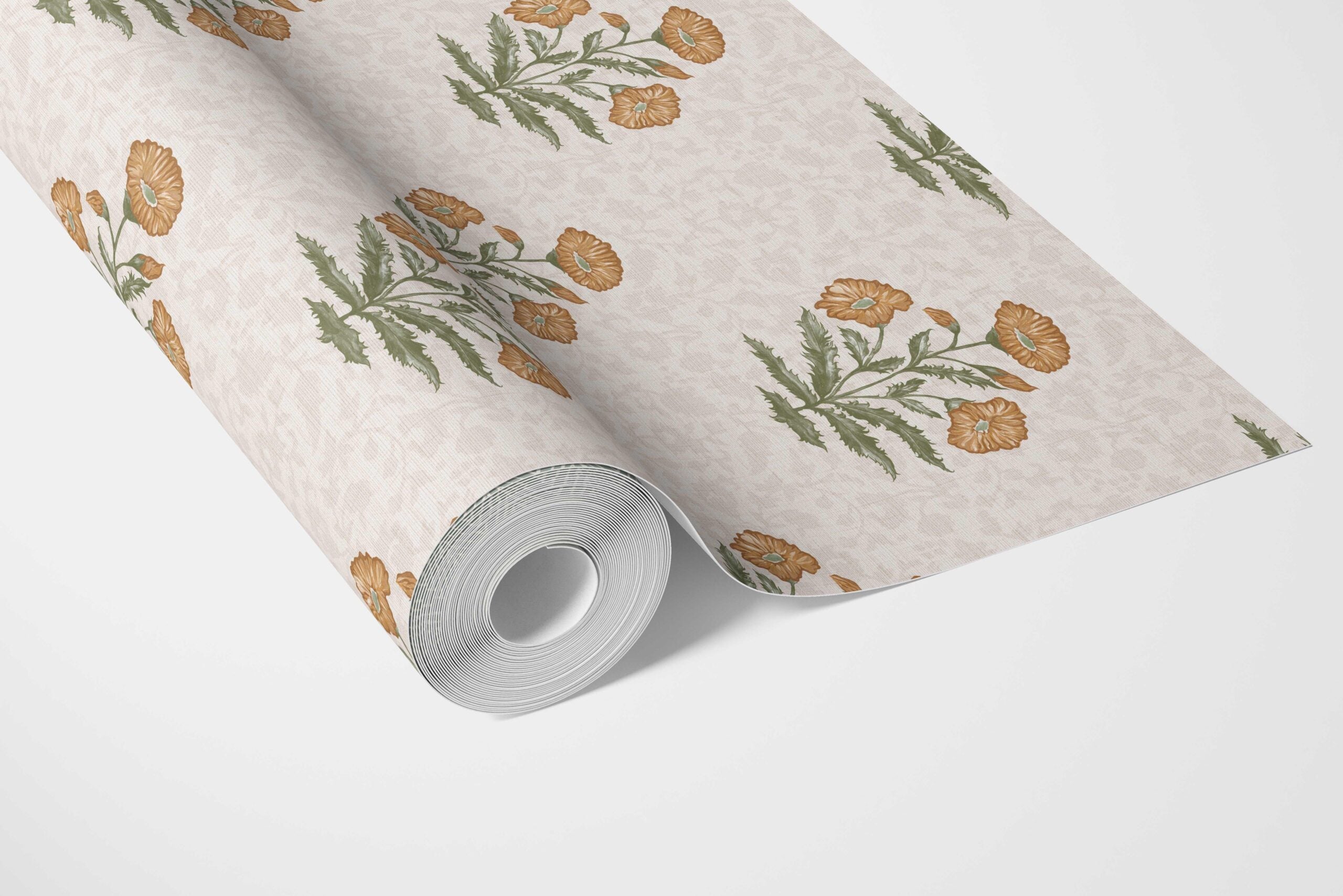 Floral Block Print Bathroom Wallpaper (Ochre Yellow/ Green)