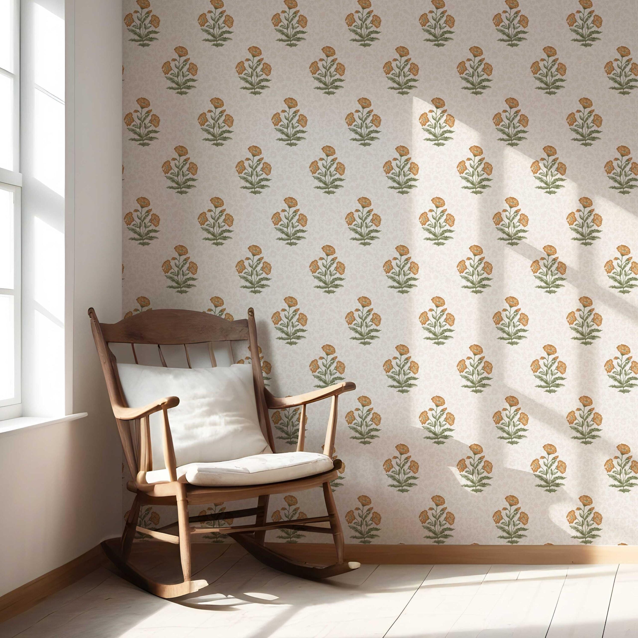 Floral Block Print Nursery Wallpaper Sample (Ochre Yellow/ Green)