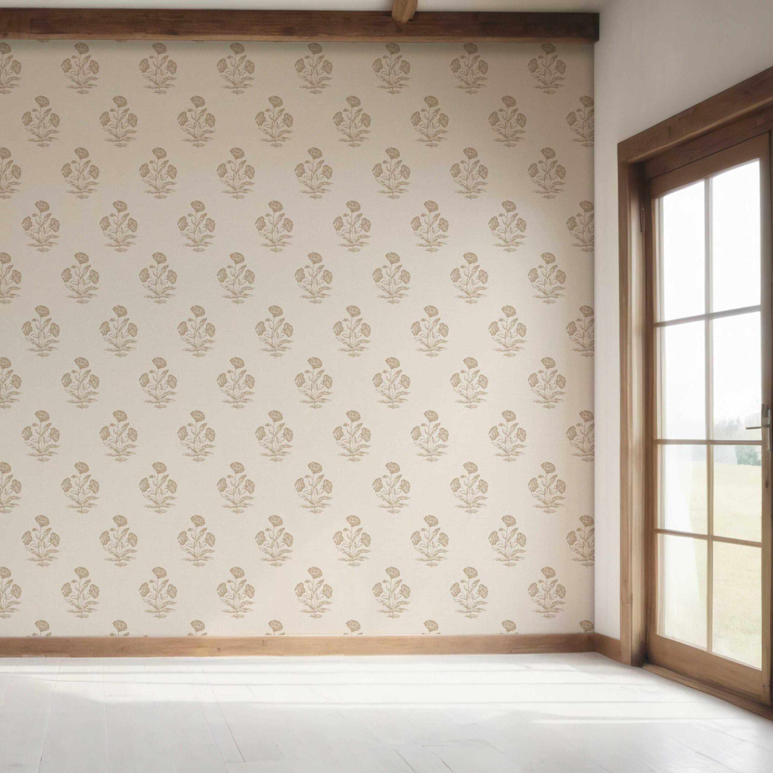 Neutral Floral Block Print Bedroom Wallpaper Sample (Light Brown/ Beige/ Taupe)