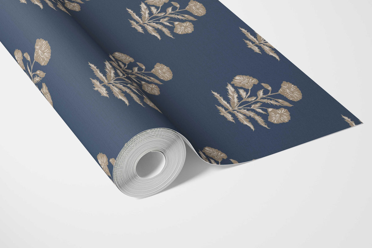 Floral Block Print Bathroom Wallpaper Sample (Navy Blue/ Beige)