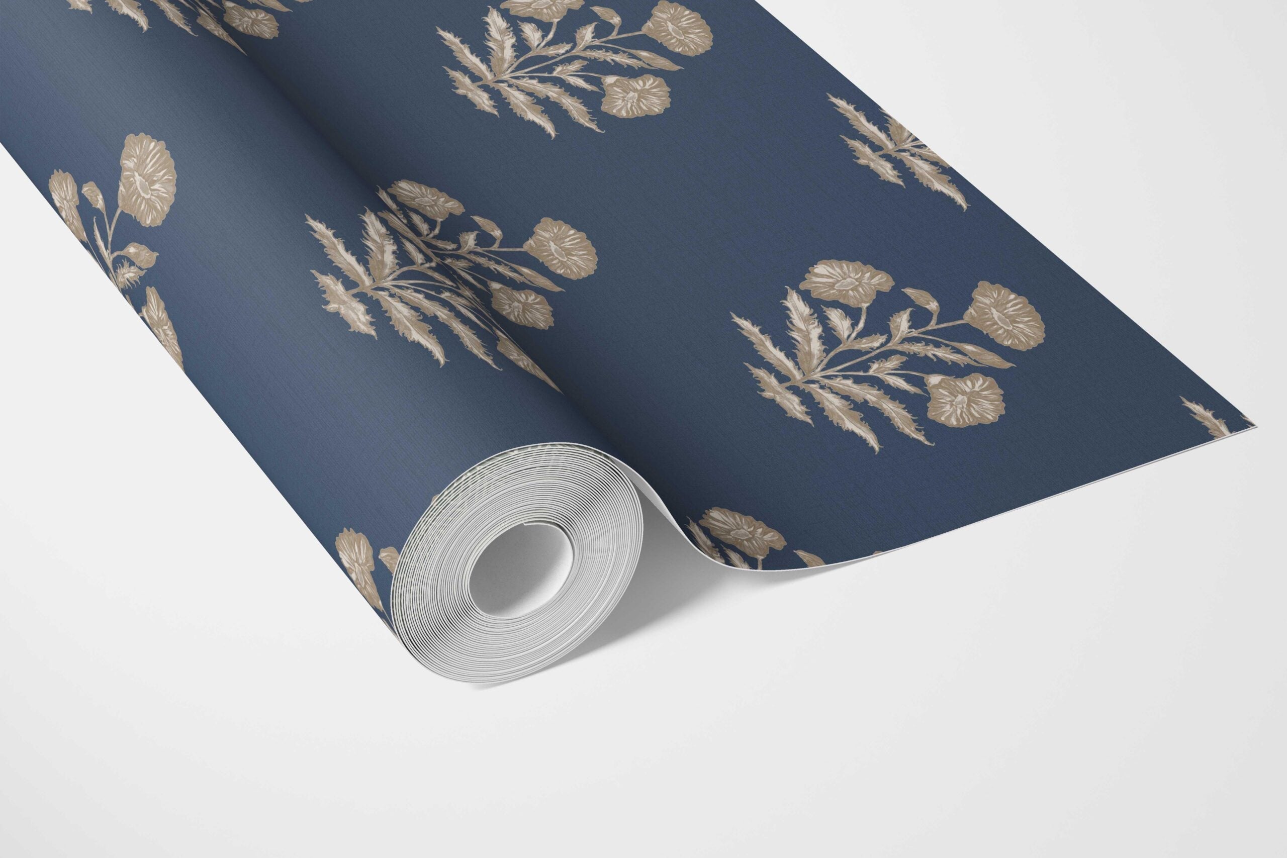 Floral Block Print Bathroom Wallpaper Sample (Navy Blue/ Beige)