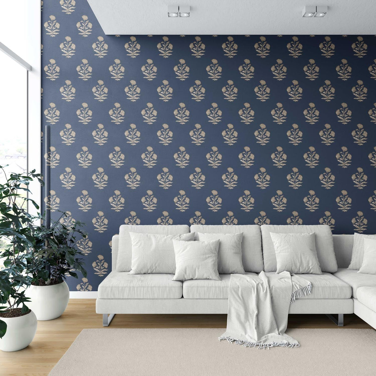 Floral Block Print Shower Toilet Wallpaper Sample (Navy Blue/ Beige)