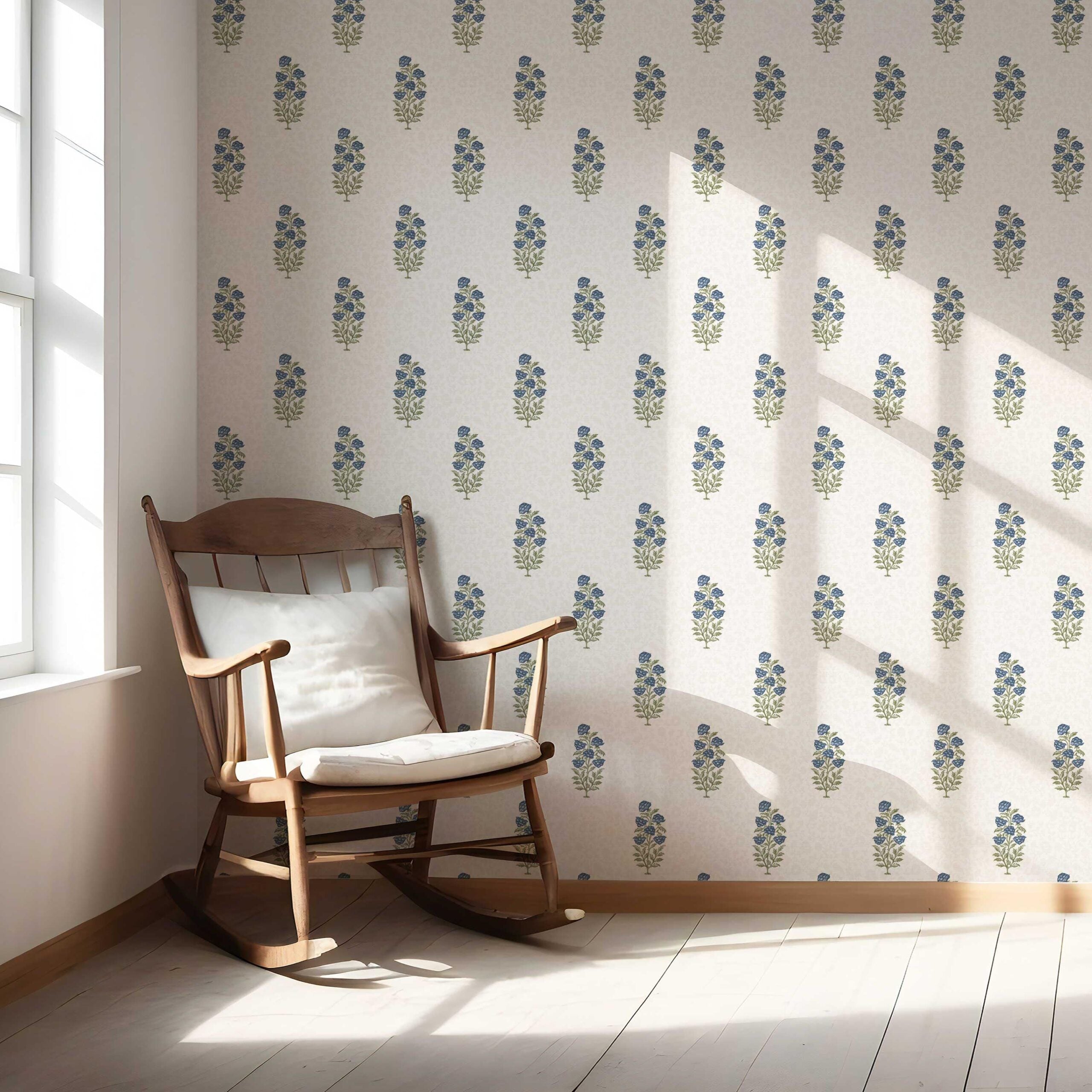 Floral Block Print Nursery Wallpaper Sample Navy Blue/ Green
