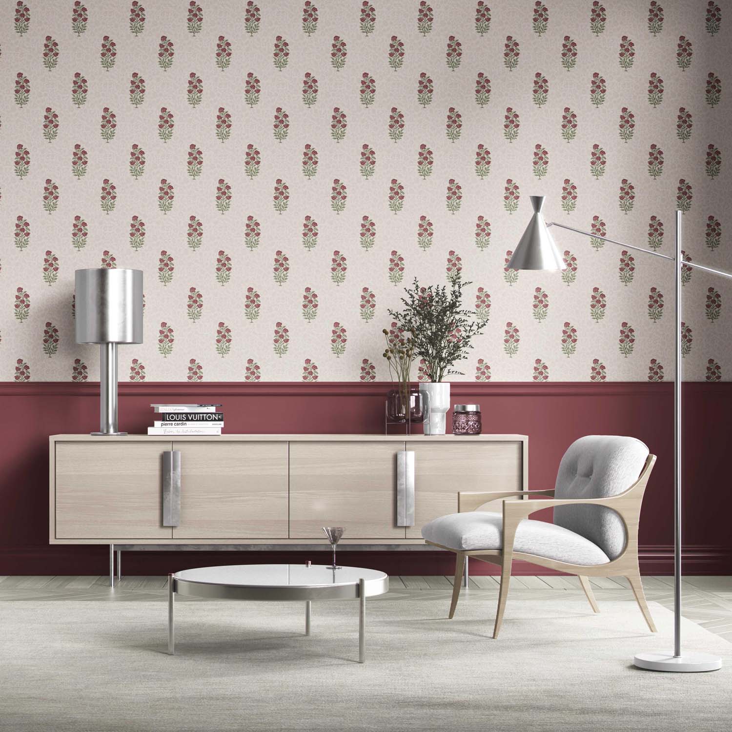 Floral Block Print Kitchen Wallpaper Sample (Deep Red/ Maroon/ Green)