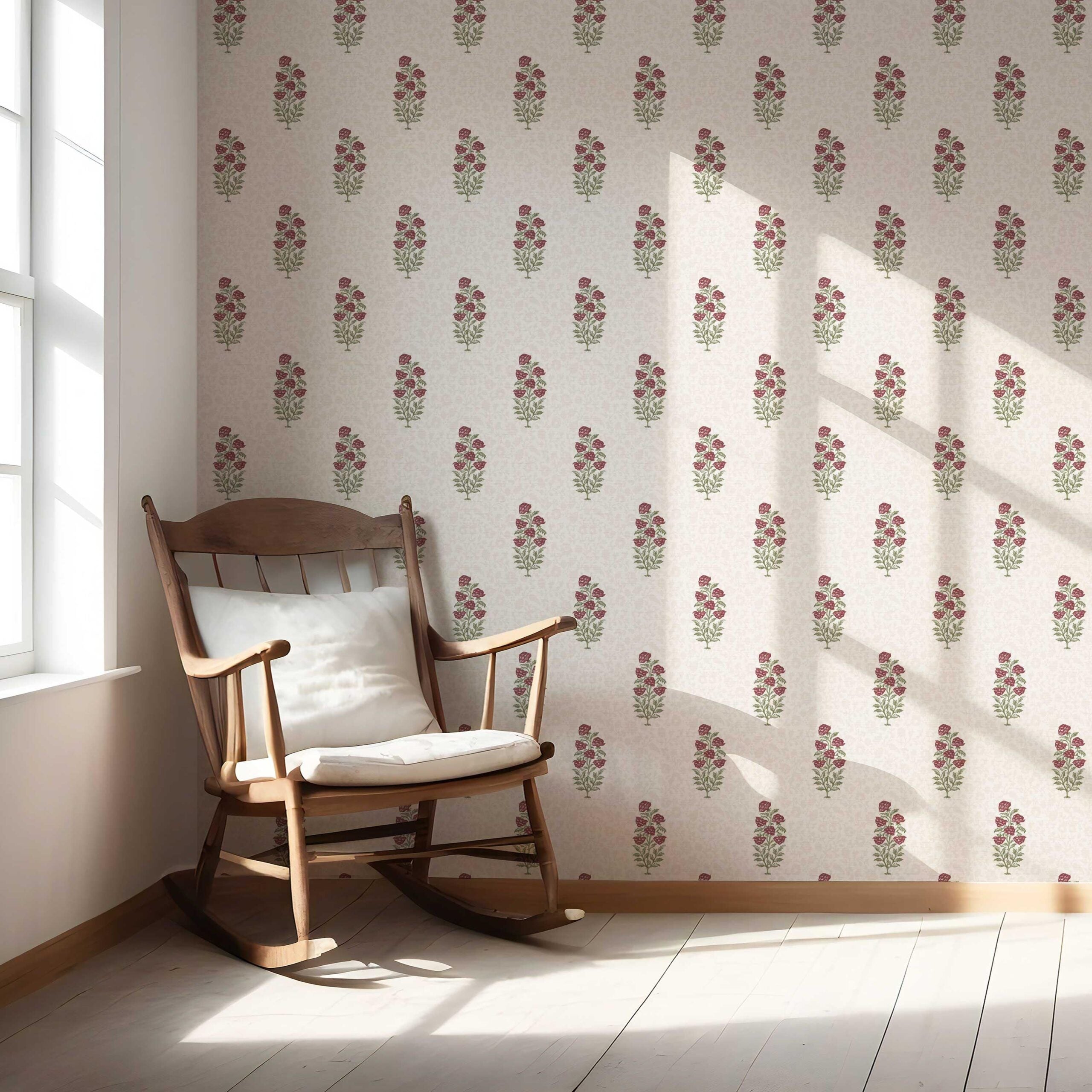 Floral Block Print Nursery Wallpaper Sample (Deep Red/ Maroon/ Green)