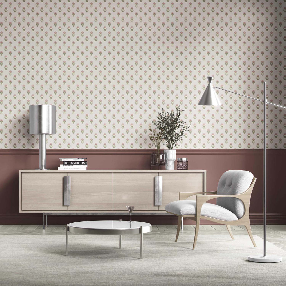 Floral Block Print Bathroom Wallpaper (Pink/ Green)