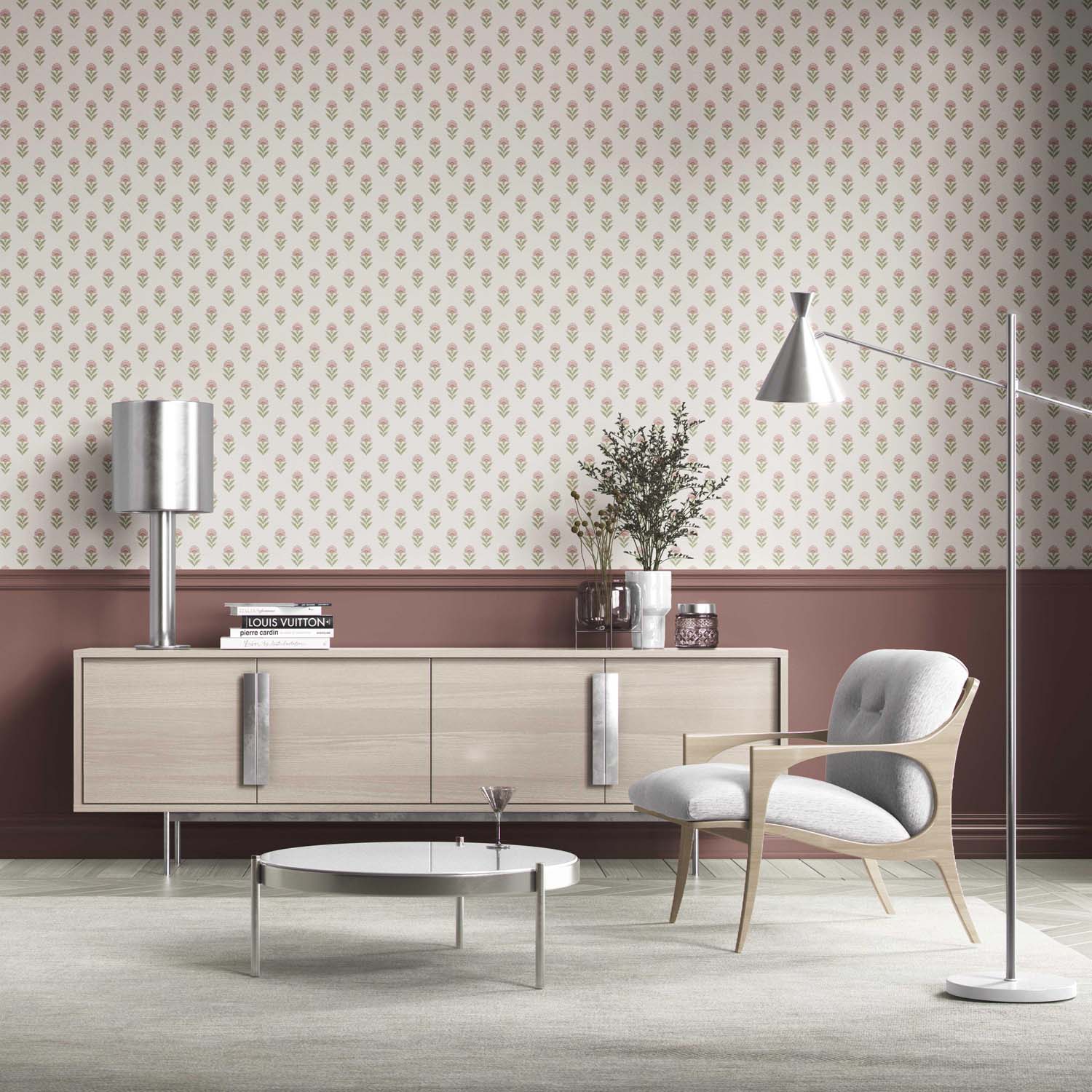 Floral Block Print Bathroom Wallpaper Sample (Pink/ Green)