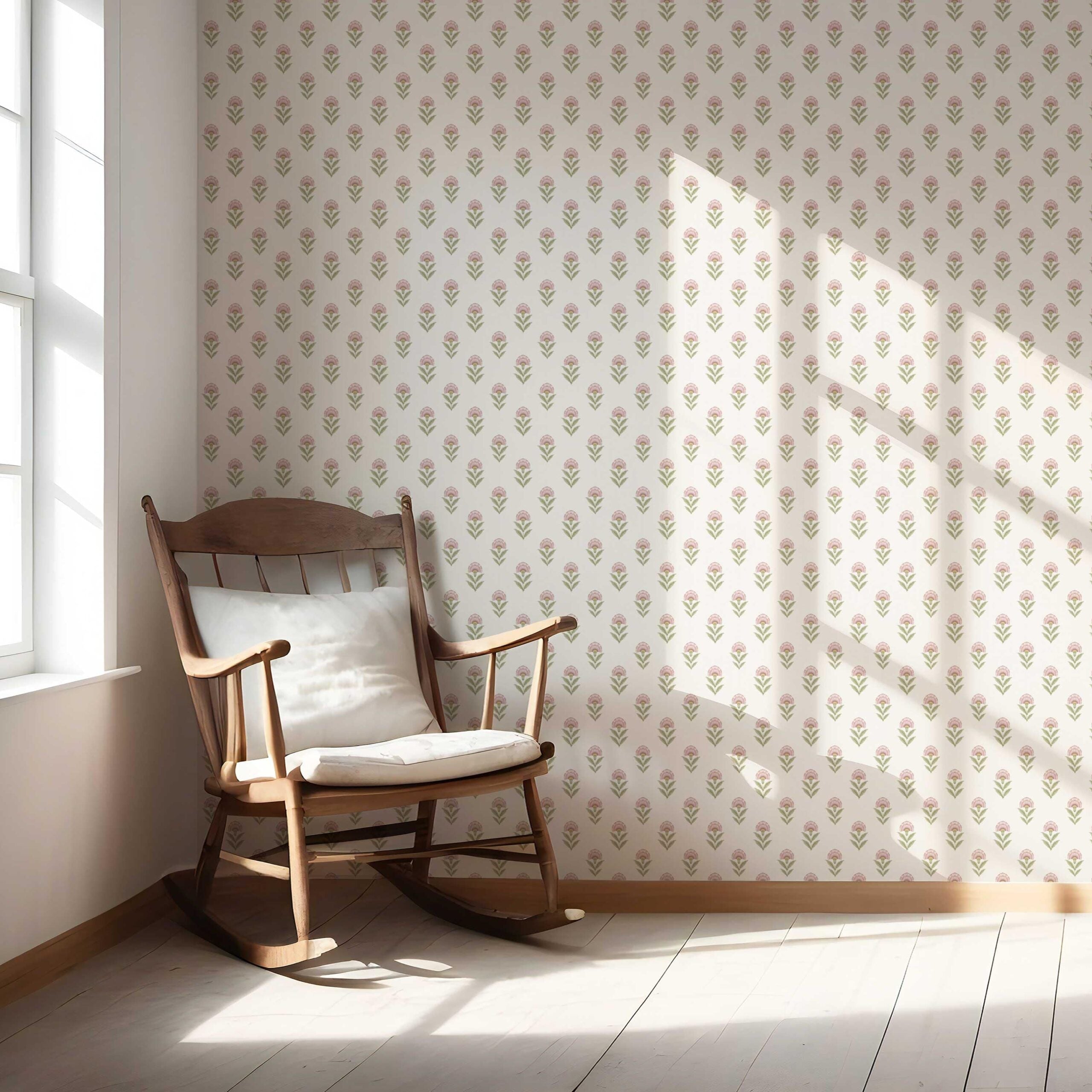 Floral Block Print Nursery Wallpaper Sample (Pink/ Green)