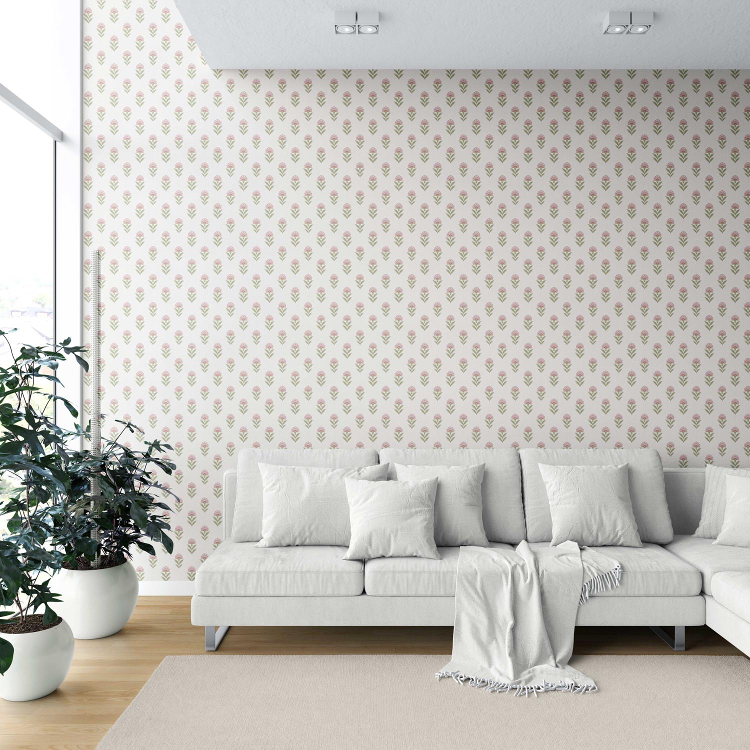 Floral Block Print Shower Toilet Wallpaper Sample (Pink/ Green)