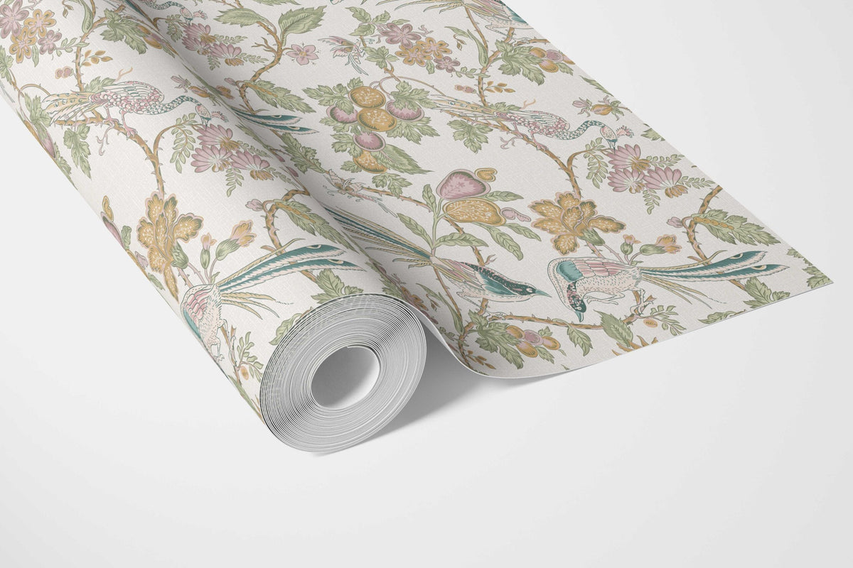 Floral/ Birds Print Bathroom Wallpaper Sample (Pink/ Yellow/ Green/ Blue)
