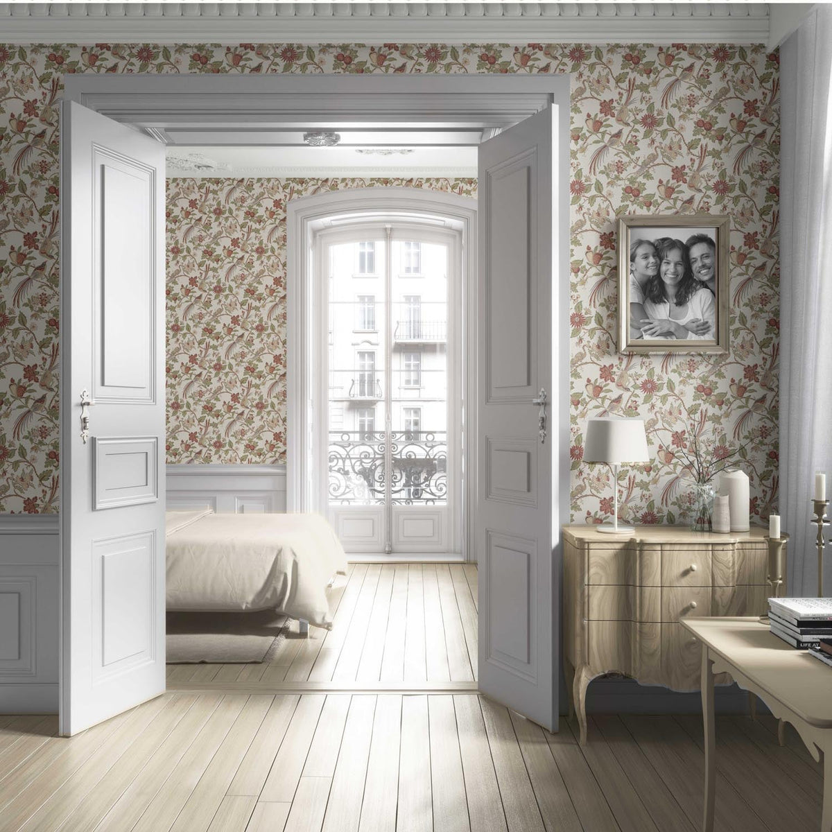 Floral/ Birds Print Living Room Wallpaper (Red/ Brown/ Green/ Beige)