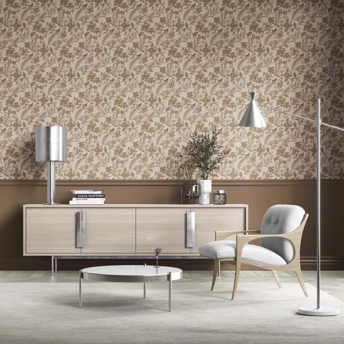 Neutral Floral/ Birds Print Kitchen Wallpaper (Brown/ Beige/ Taupe)