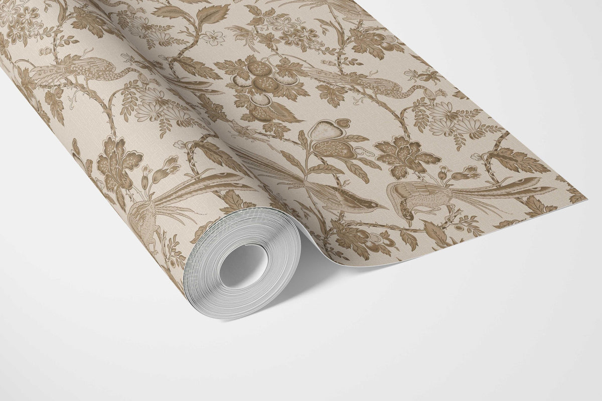 Neutral Floral/ Birds Print Bathroom Wallpaper (Brown/ Beige/ Taupe)