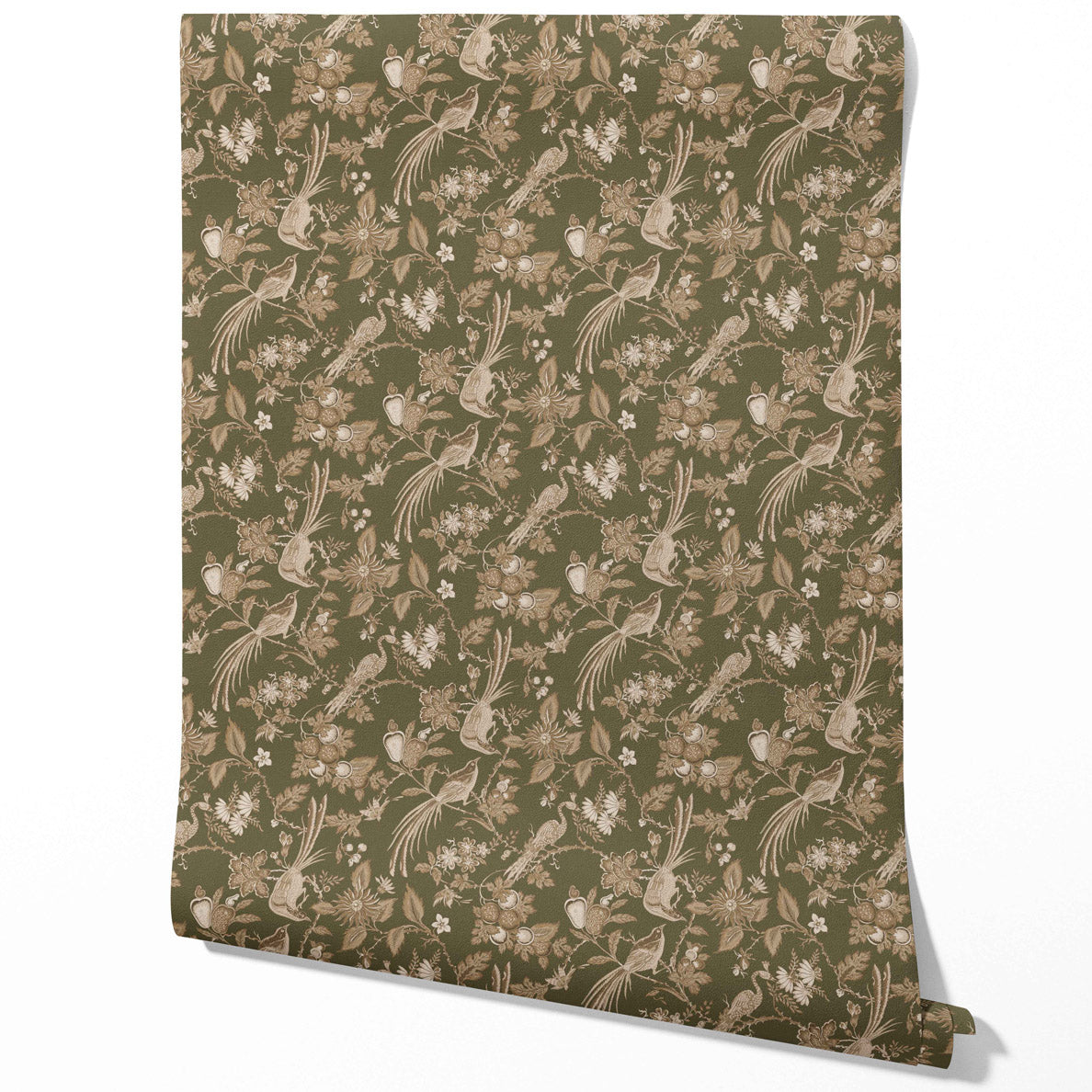 Floral/ Birds Print Traditional Wallpaper Sample (Olive Green/ Beige)