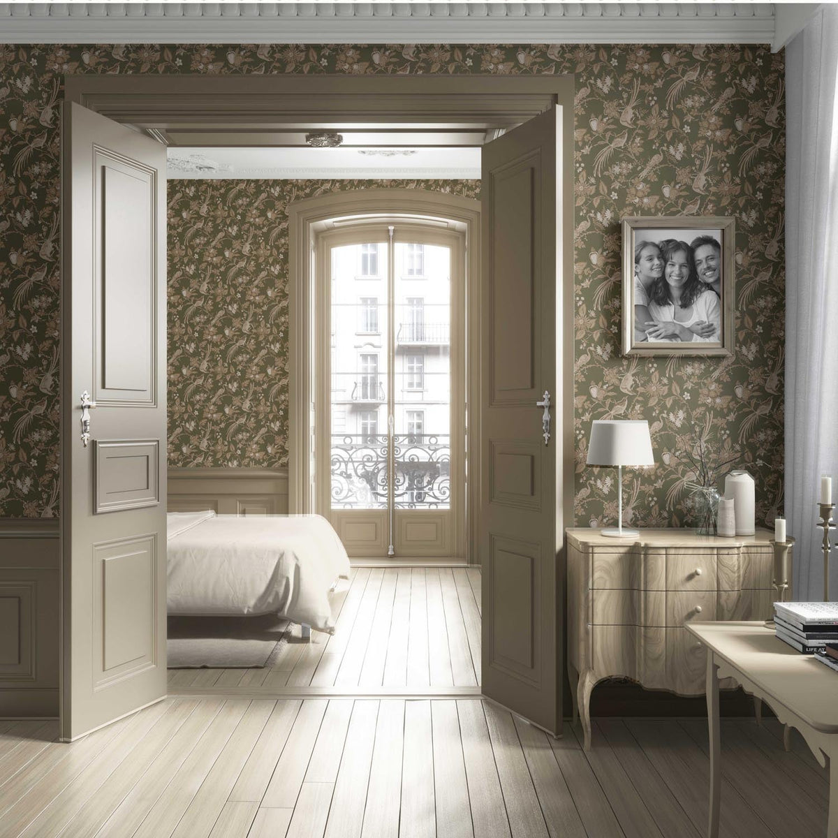 Floral/ Birds Print Living Room Wallpaper Sample (Olive Green/ Beige)