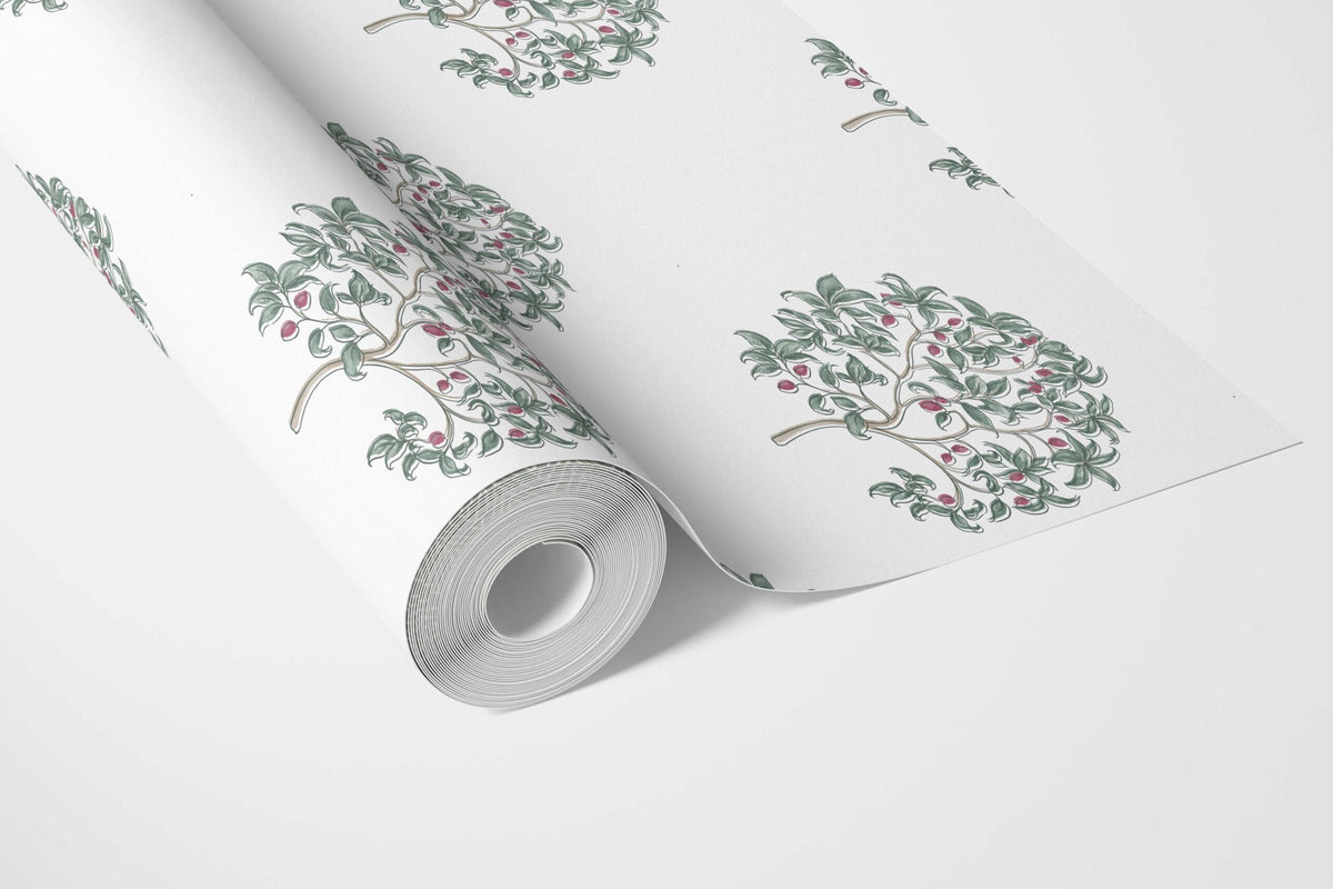 Floral Block Print Bathroom Wallpaper (Green/ Pink)