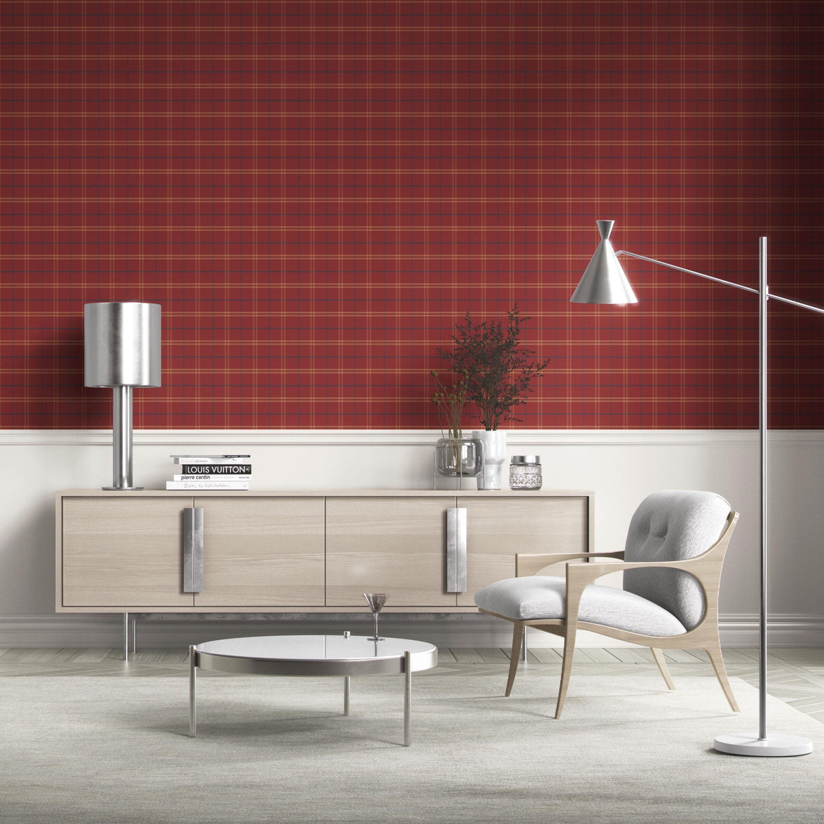 Geometric Plaid Checkered Kitchen Wallpaper Sample (Red/ Yellow/ Blue)
