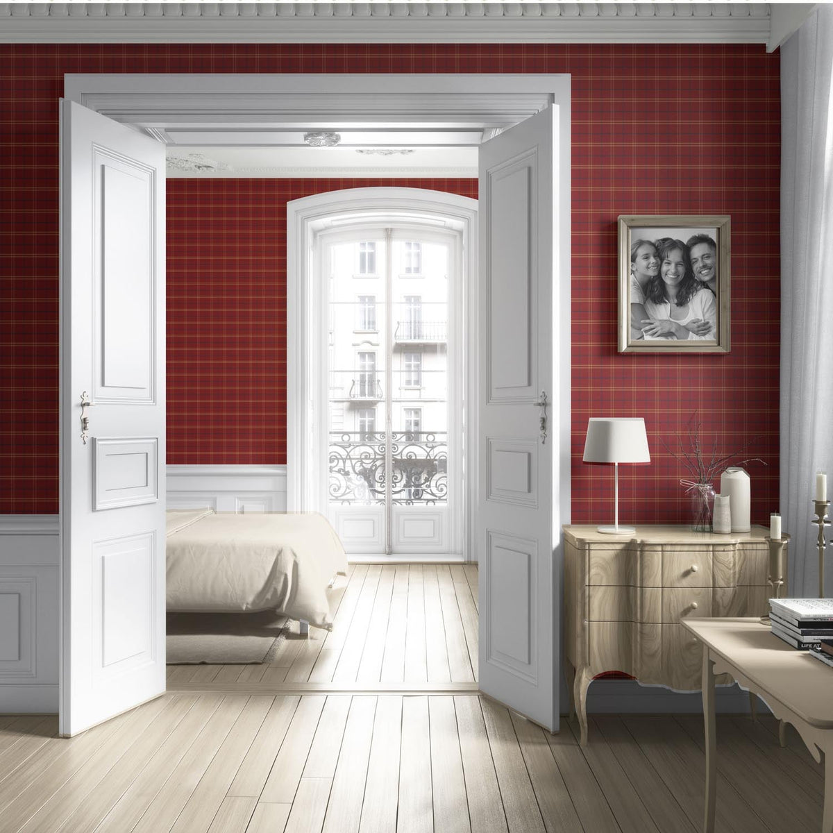 Geometric Plaid Checkered Living Room Wallpaper Sample (Red/ Yellow/ Blue)