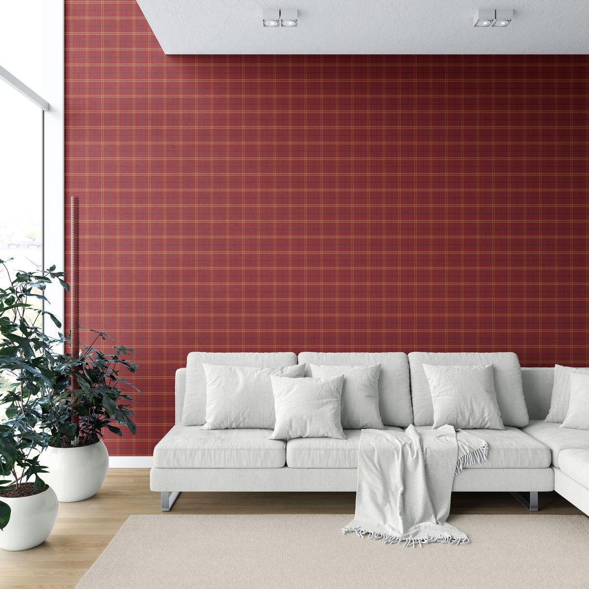 Geometric Plaid Checkered Shower Toilet Wallpaper Sample (Red/ Yellow/ Blue)