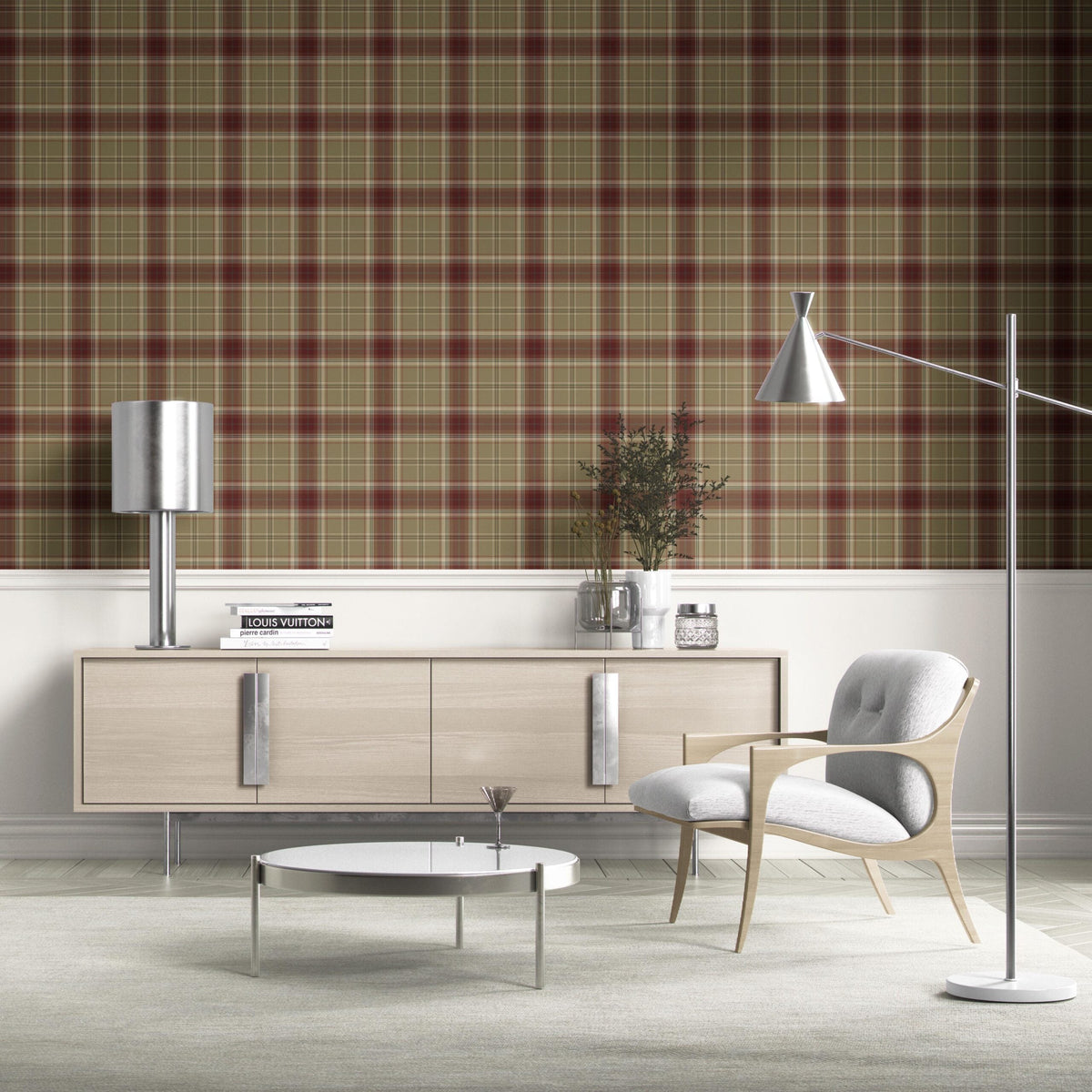 Geometric Plaid Checkered Kitchen Wallpaper (Olive Green/ Brown/ Red)