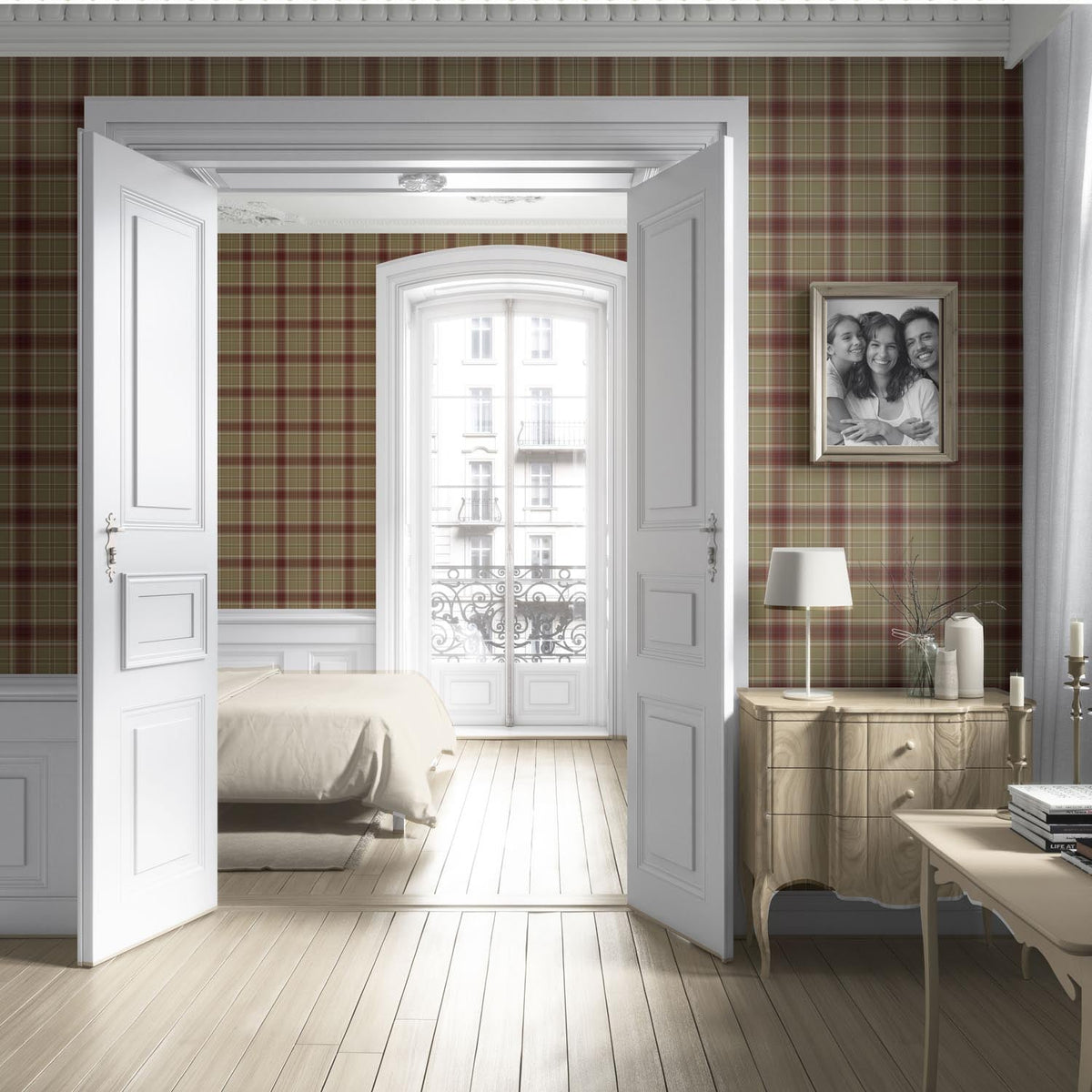 Geometric Plaid Checkered Living Room Wallpaper Sample (Olive Green/ Brown/ Red)