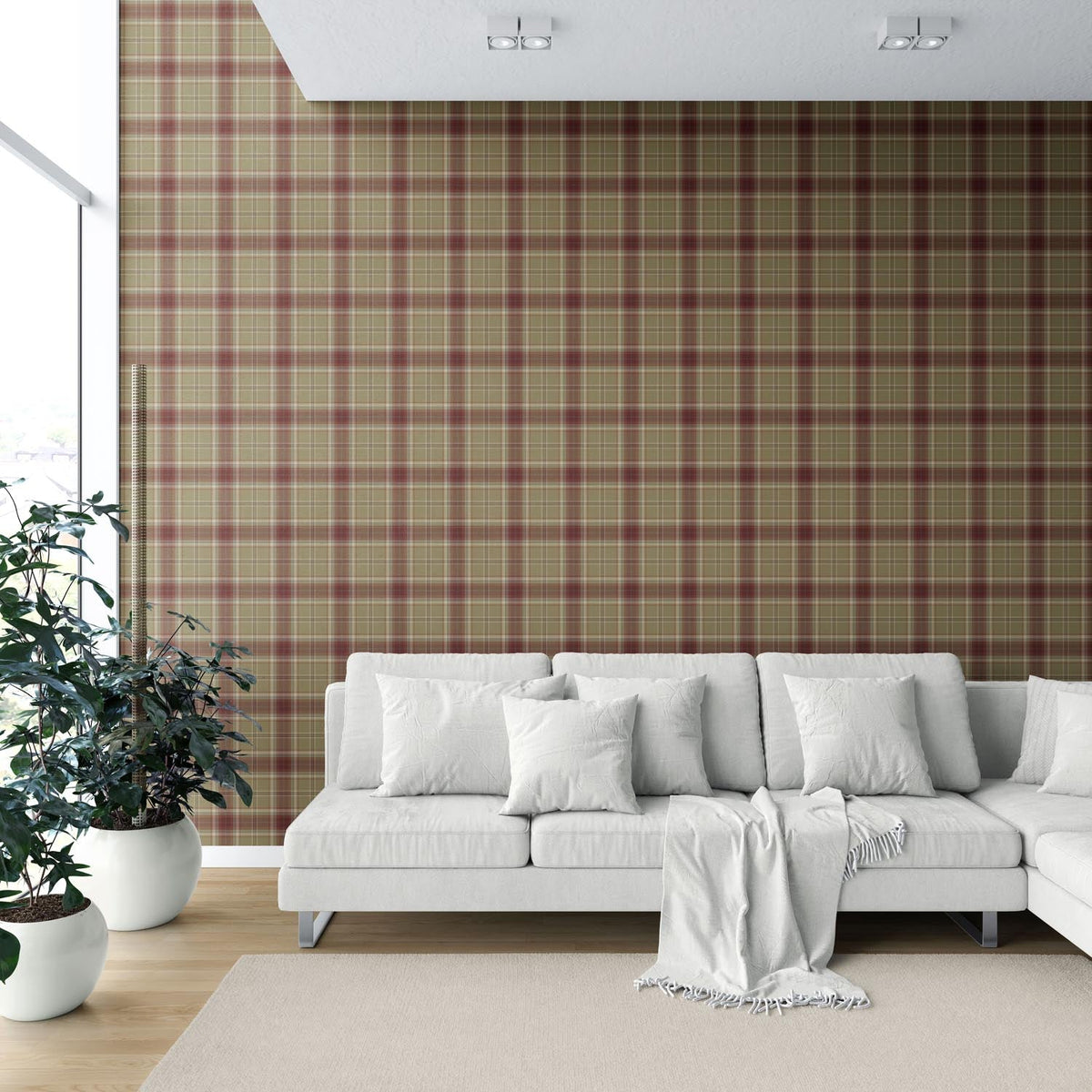 Geometric Plaid Checkered Shower Toilet Wallpaper (Olive Green/ Brown/ Red)