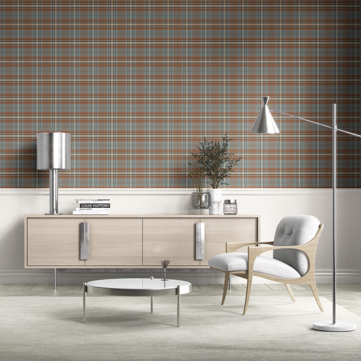 Geometric Plaid Checkered Kitchen Wallpaper (Blue/ Brown/ Red)