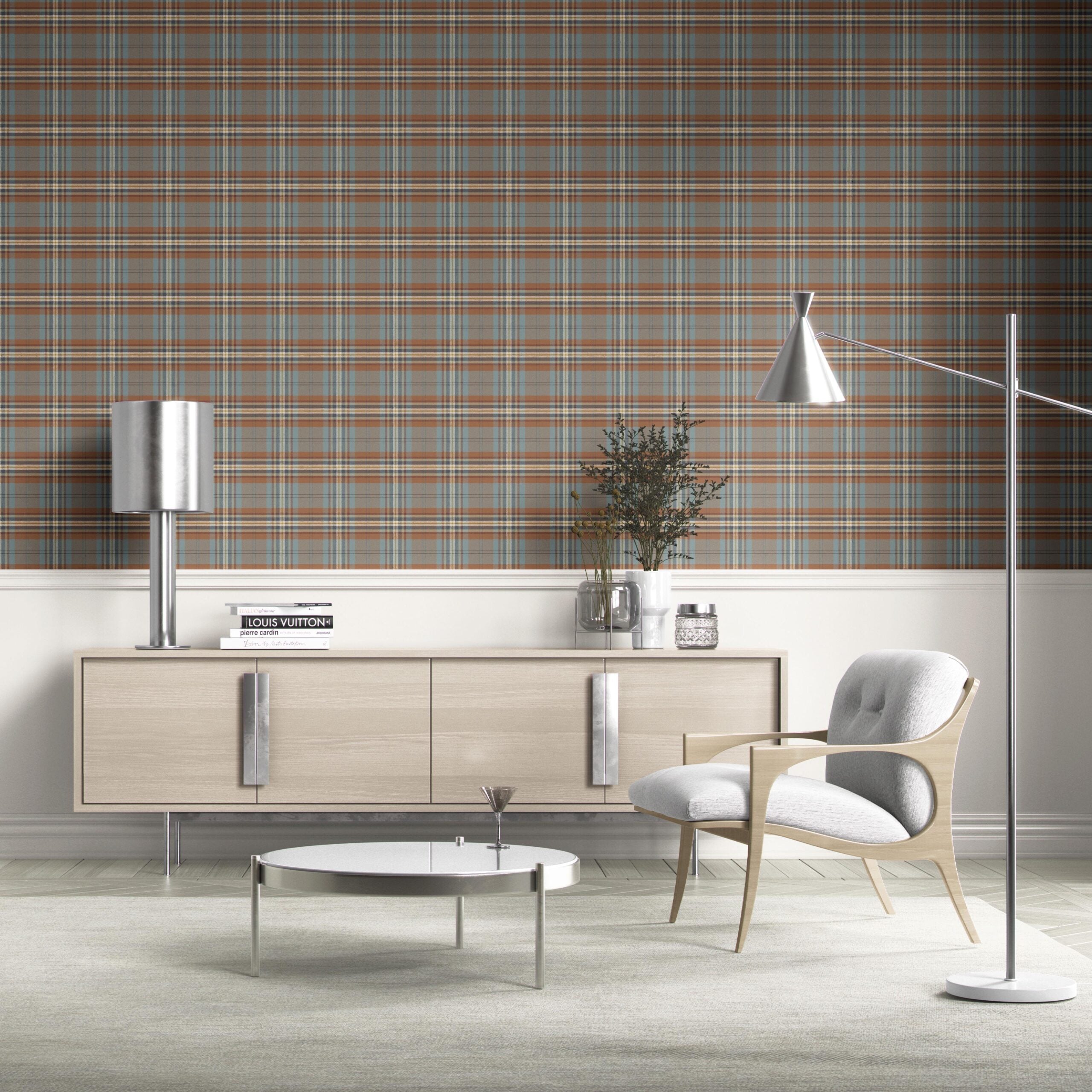 Geometric Plaid Checkered Kitchen Wallpaper Sample (Blue/ Brown/ Red)