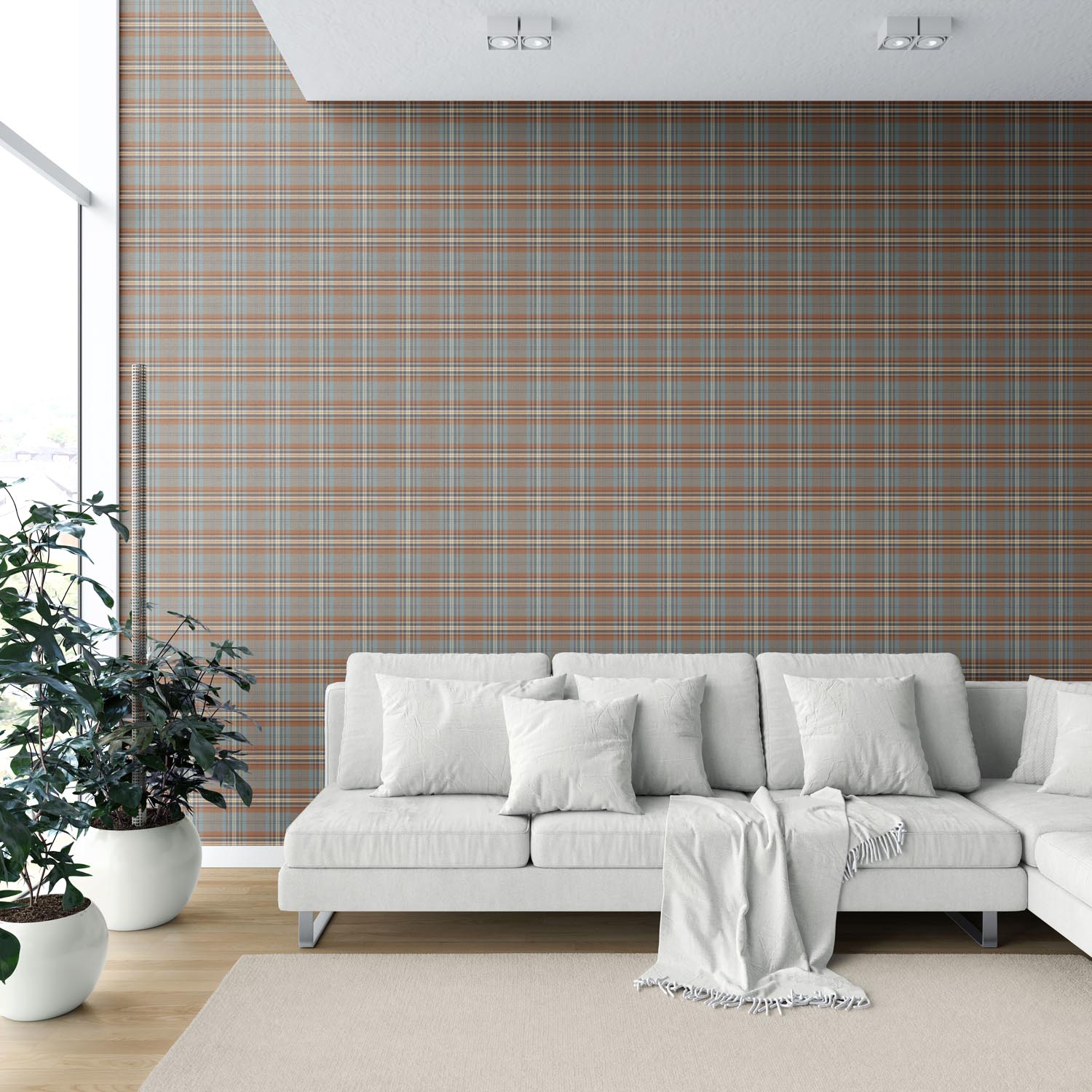 Geometric Plaid Checkered Shower Toilet Wallpaper Sample (Blue/ Brown/ Red)