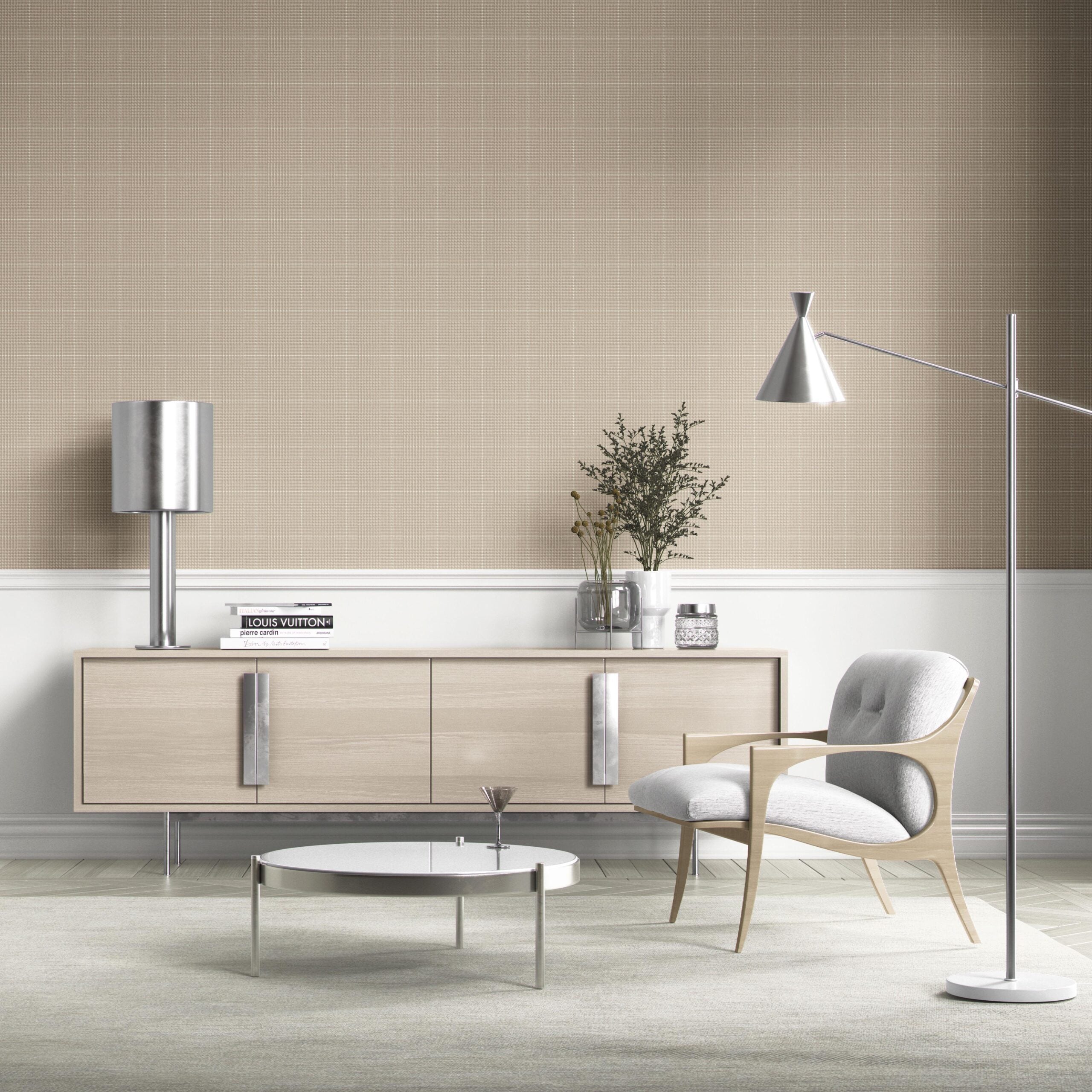 Neutral Plain/ Textured Check Kitchen Wallpaper Sample (Beige/ Brown)