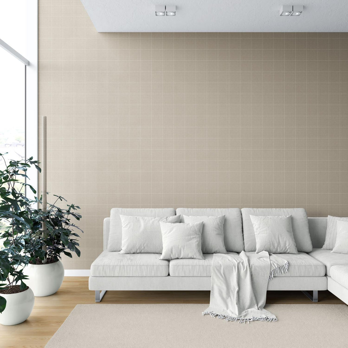 Neutral Plain/ Textured Check Shower Toilet Wallpaper (Beige/ Brown)