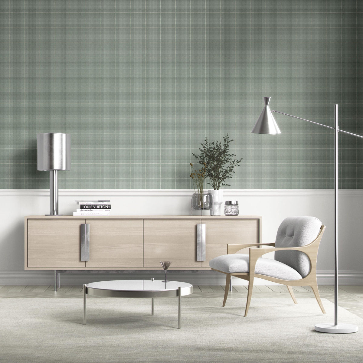 Plain/ Textured Check Kitchen Wallpaper (Sage Green)