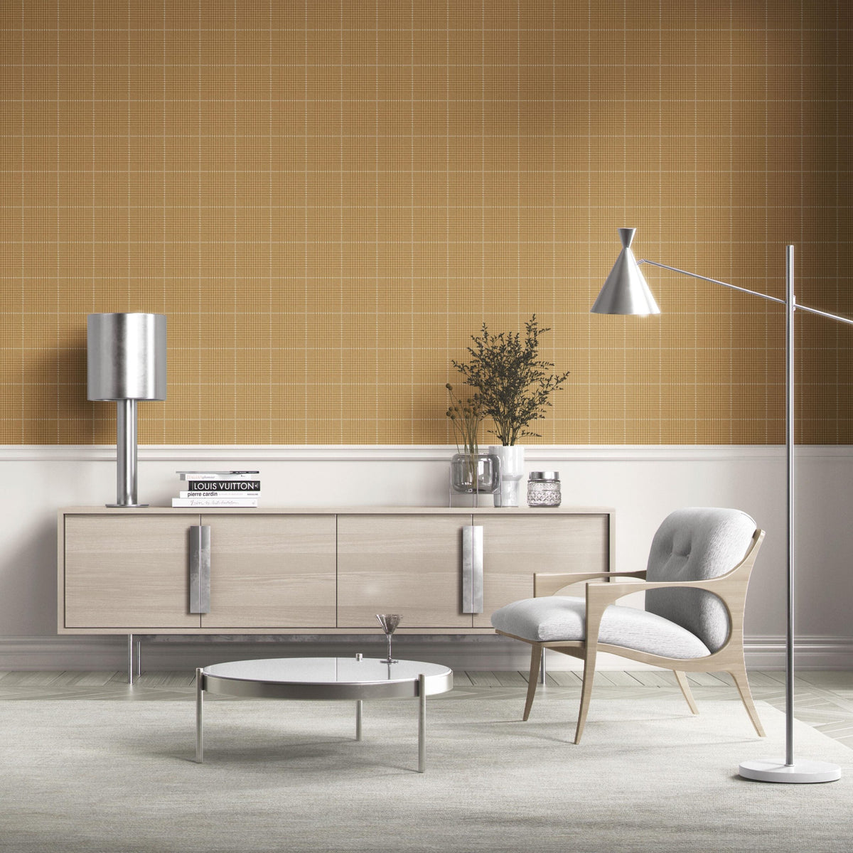 Plain/ Textured Check Kitchen Wallpaper (Honey Yellow)