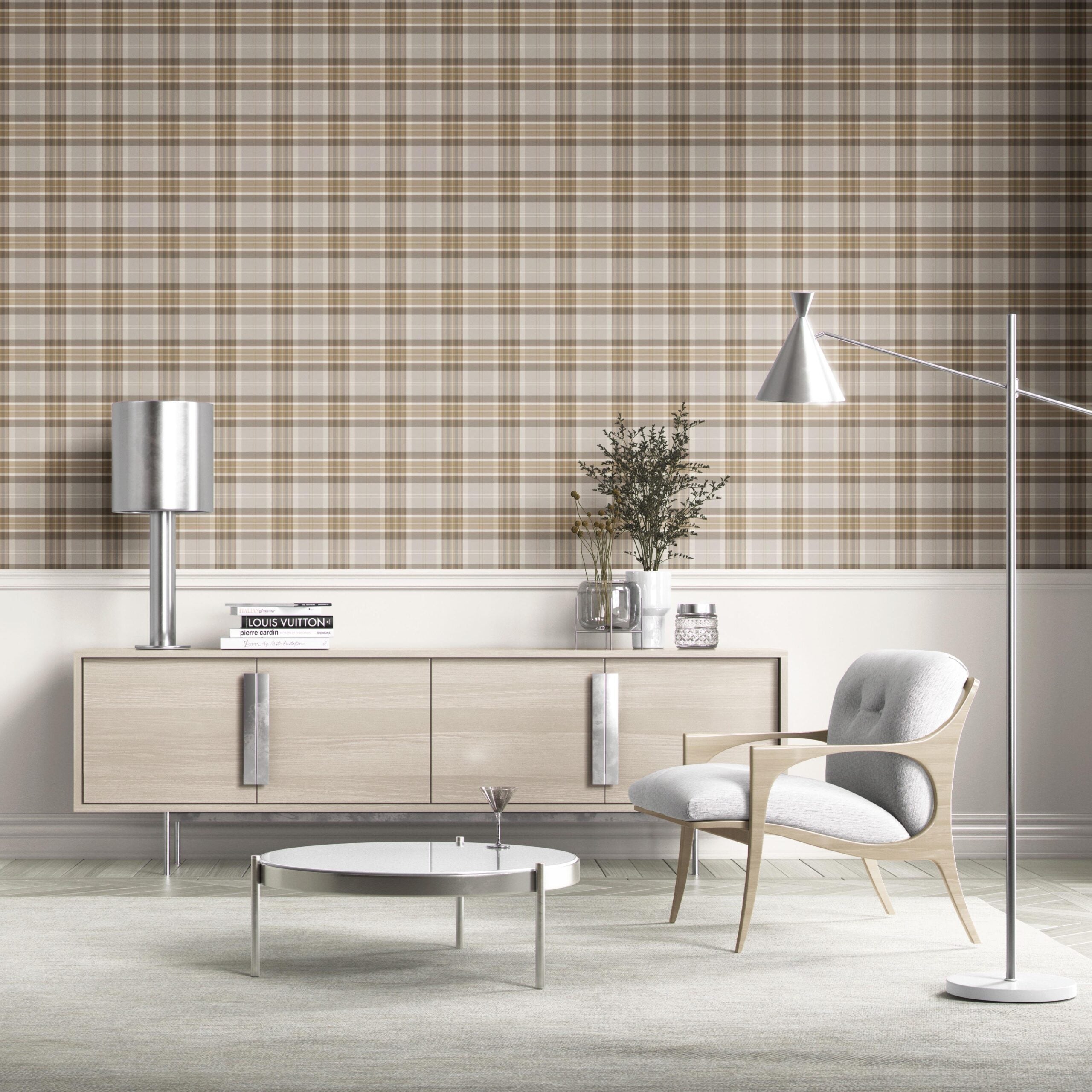 Neutral Geometric Plaid Checkered Kitchen Wallpaper (Beige/ Greige/ Taupe)
