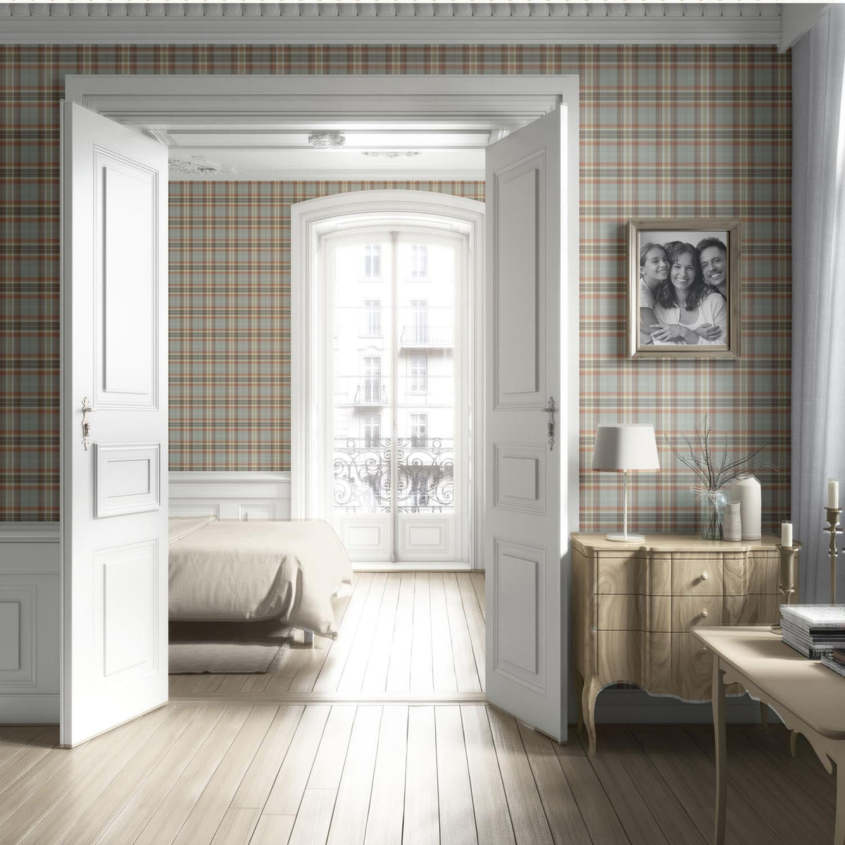 Geometric Plaid Checkered Living Room Wallpaper (Orange/ Sage Gray/ Brown/ Cream)