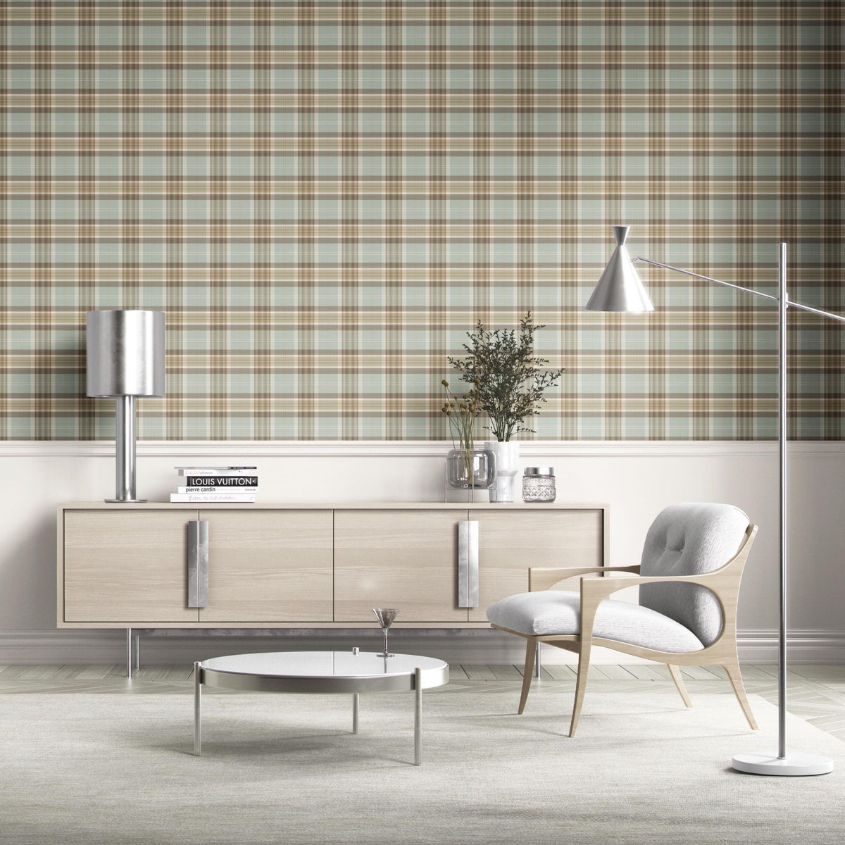 Geometric Plaid Checkered Kitchen Wallpaper (Gray-Green/ Brown/ Beige/ Cream)
